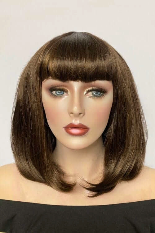 Long bob wig with a short fringe, brown with blonde highlights: Jill