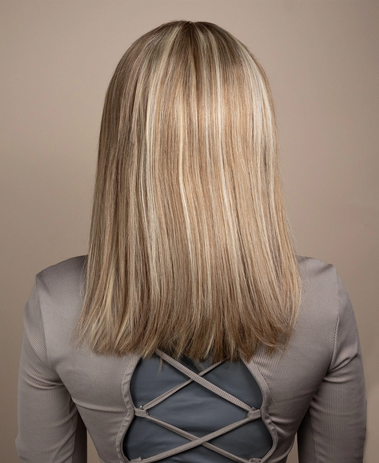 long bob with fringe human wig - 16" blonde highlights.