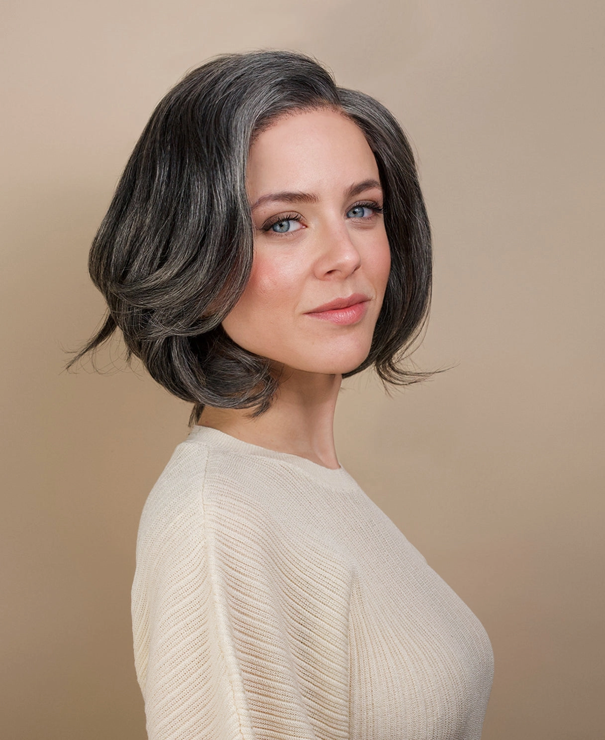 long bob with side part human wig - 10" salt and pepper.