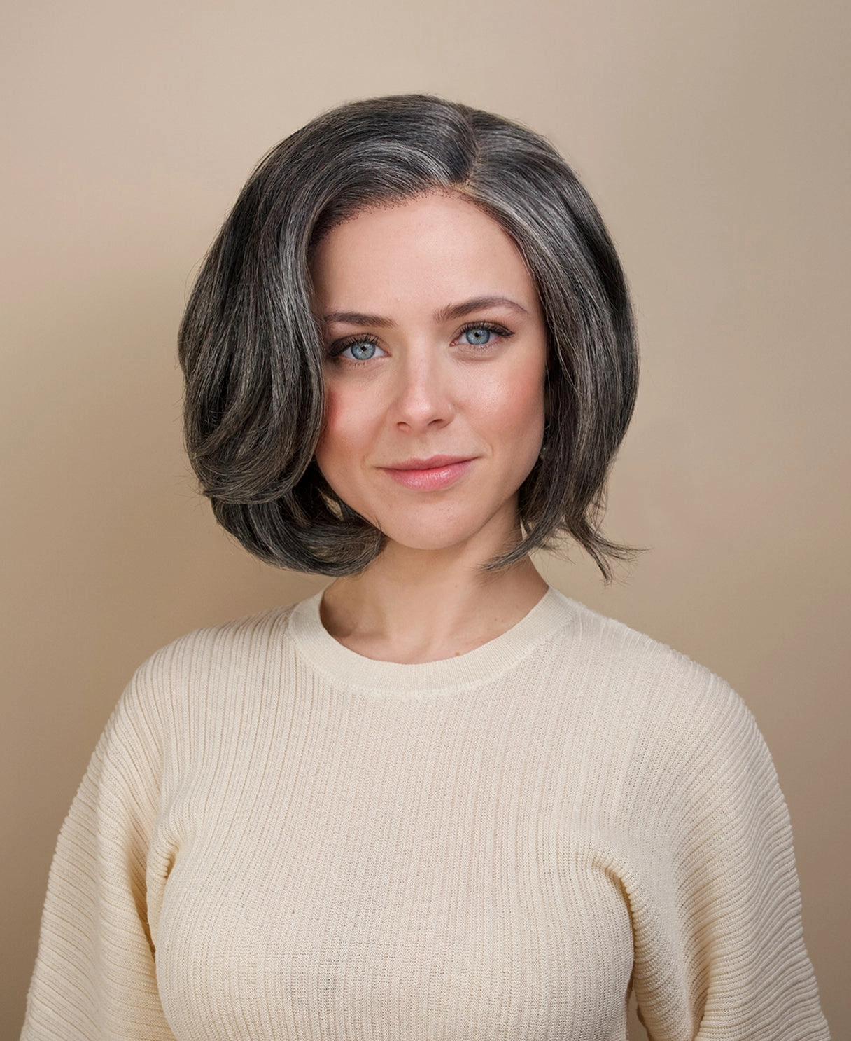 long bob with side part human wig - 10" salt and pepper.