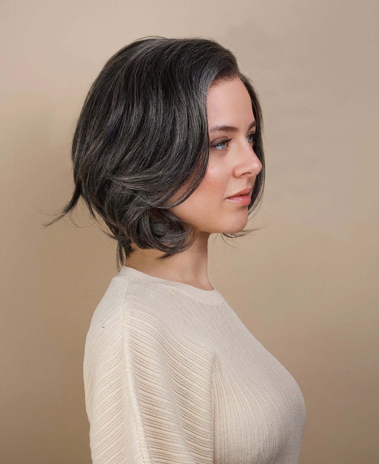long bob with side part human wig - 10" salt and pepper.
