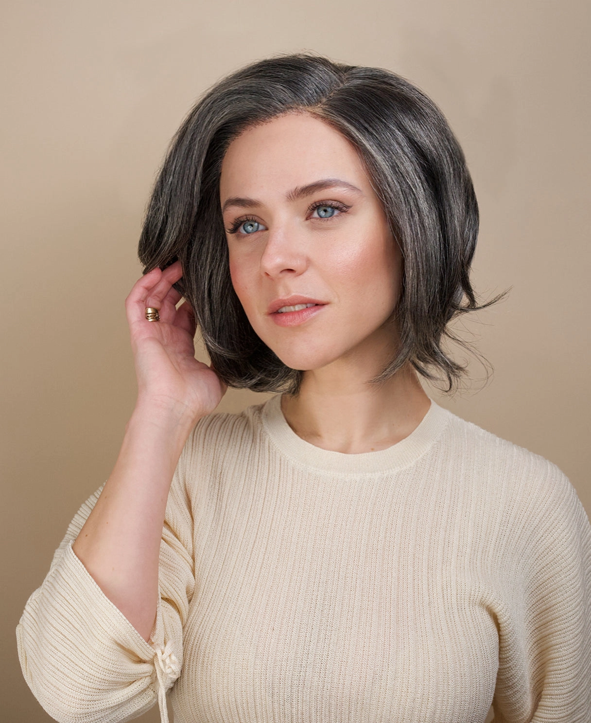 long bob with side part human wig - 10" salt and pepper.