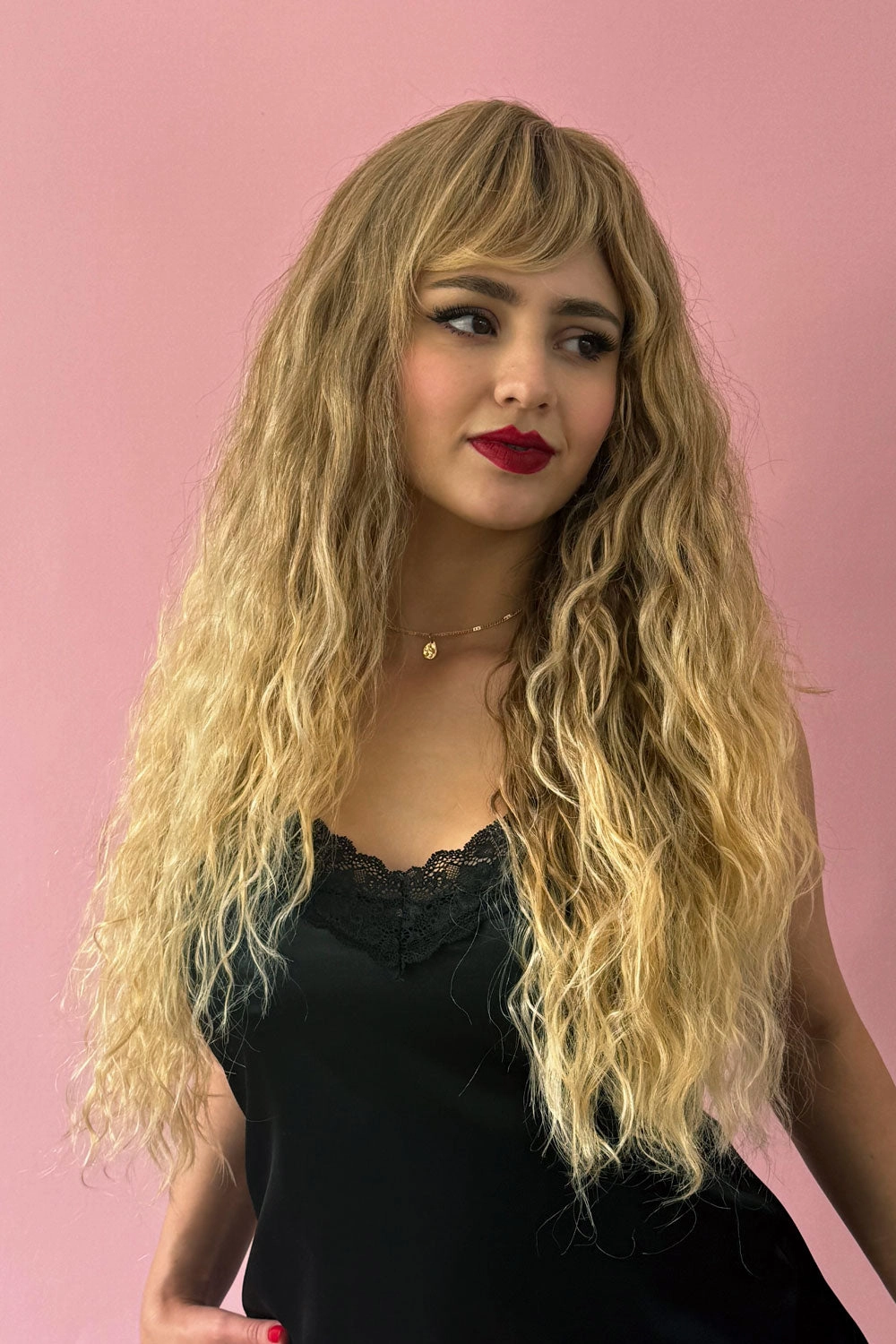Long brown crimped wig, brown and blonde dip dye (ombre): Tiggy