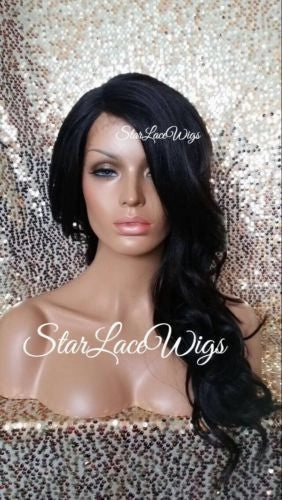 Long Brown Wavy Synthetic Lace Front Wig Layers Bangs - Kim