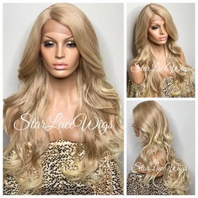 Long Champagne Blonde Loose Curly Layered Synthetic Lace Front Wig - Charity