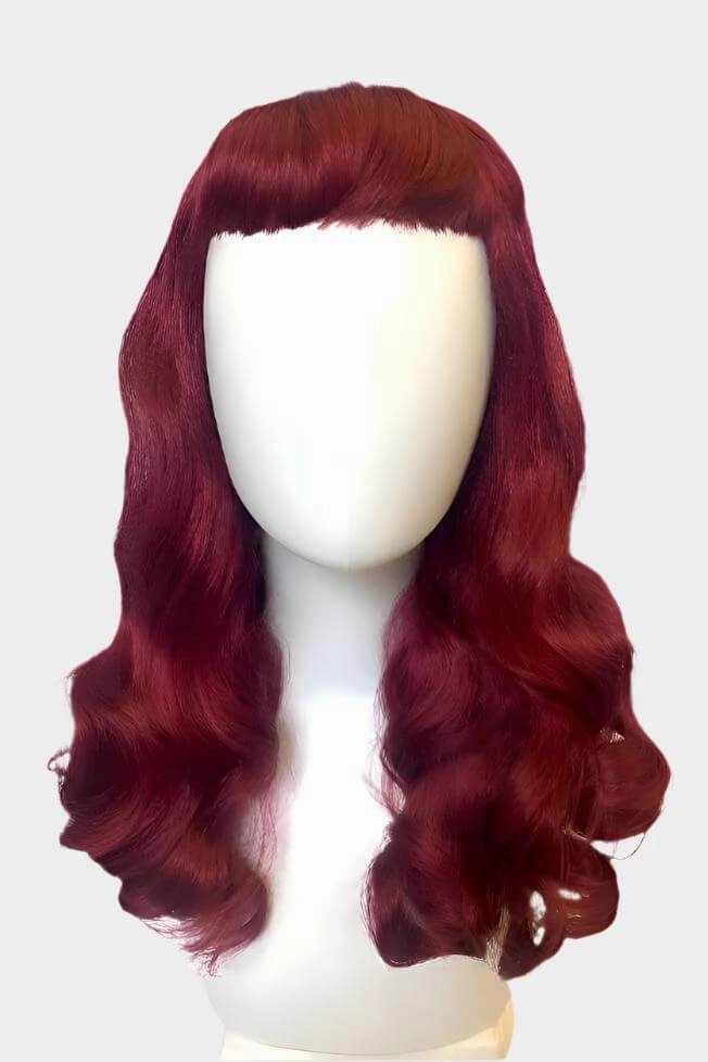 Long cherry red pin-up wig, gently wavy with short fringe: Maeve