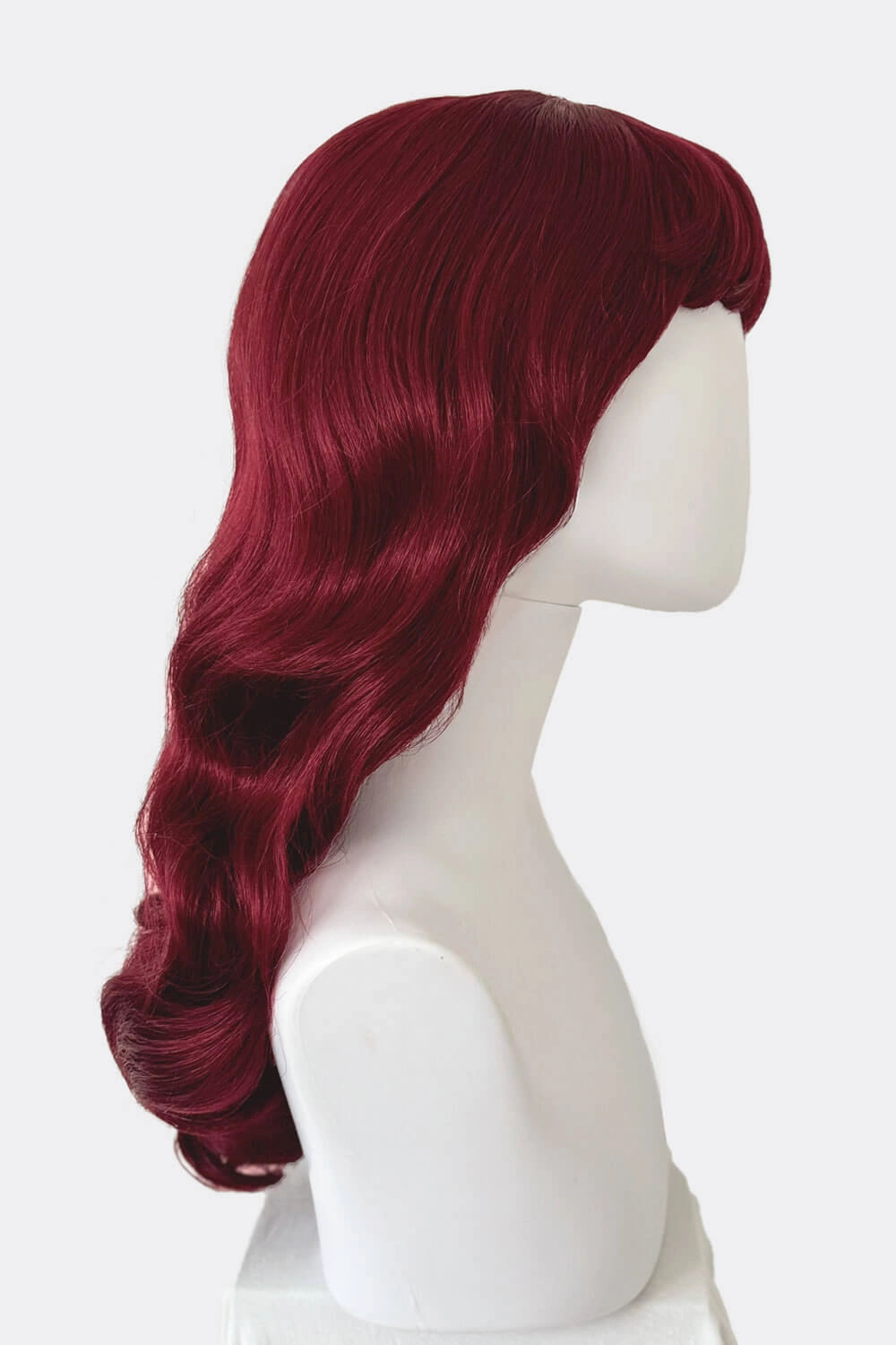 Long cherry red pin-up wig, gently wavy with short fringe: Maeve