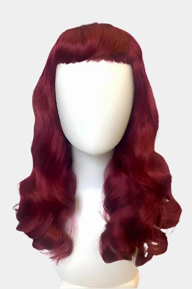 Long cherry red pin-up wig, gently wavy with short fringe: Maeve