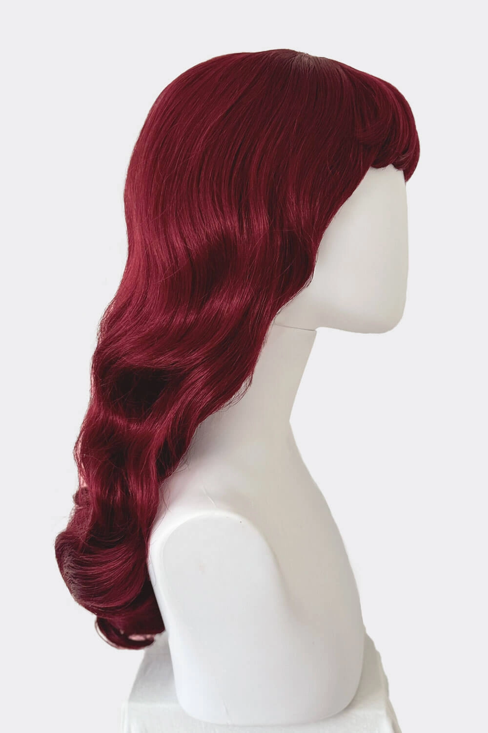 Long cherry red pin-up wig, gently wavy with short fringe: Maeve
