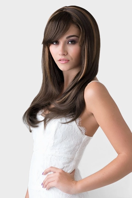 Long chocolate brown wig, razor cut face frame style: Catherine
