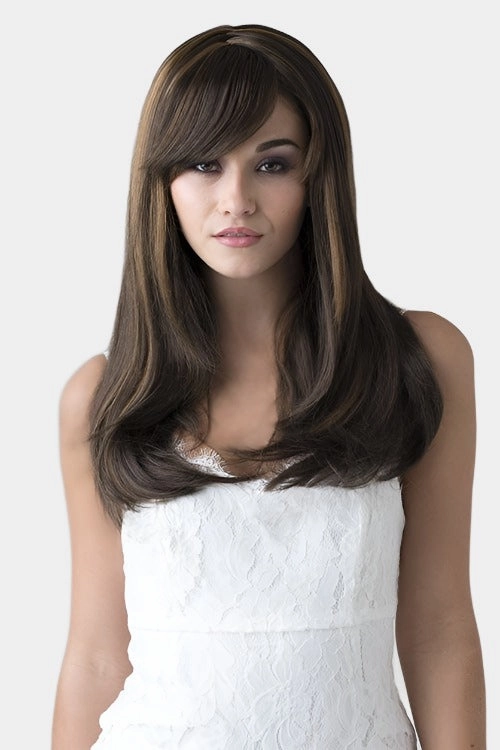Long chocolate brown wig, razor cut face frame style: Catherine