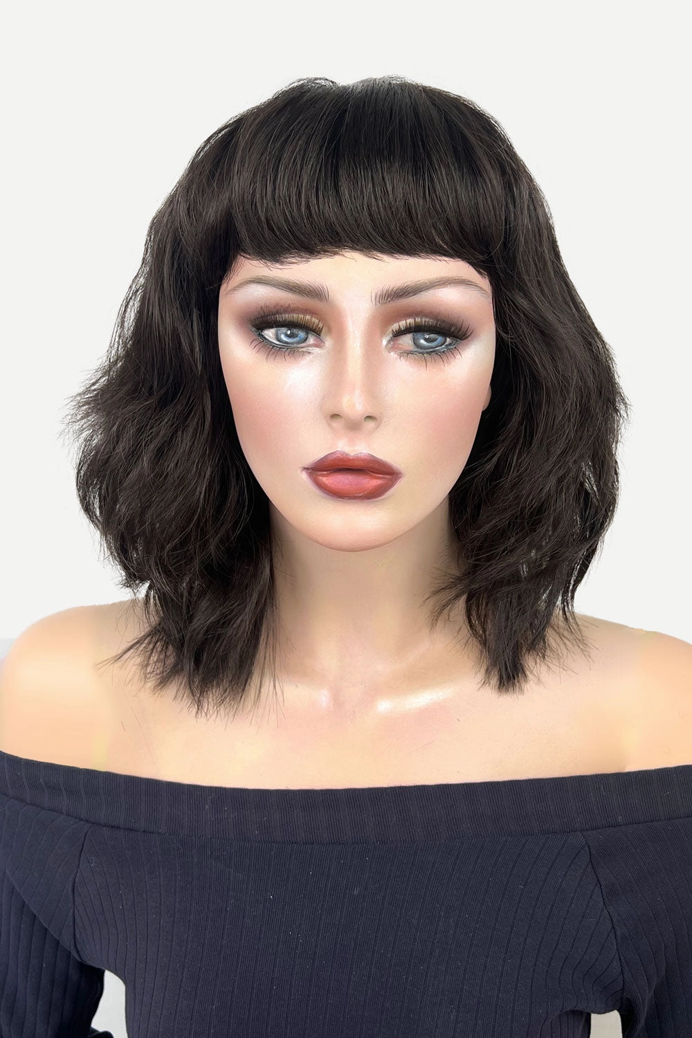Long dark brown bob wig (LOB) with textured waves: Anais