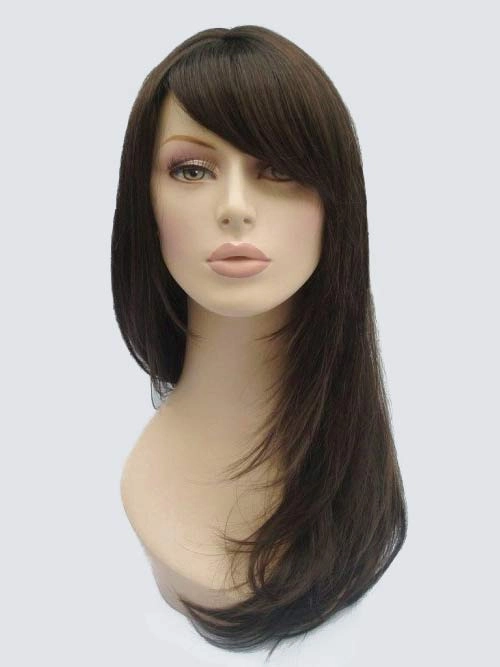 Long dark brown wig, layered face frame style: Lucy