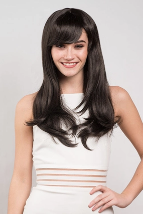 Long dark brown wig, layered face frame style: Lucy