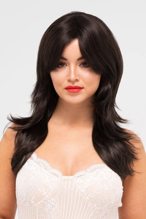 Long dark brown wig, layered, tip flip style: Jenny