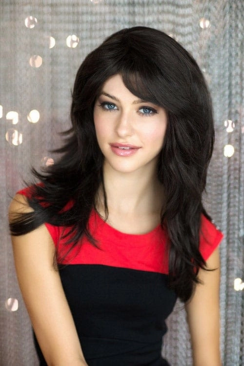 Long dark brown wig, layered, tip flip style: Jenny
