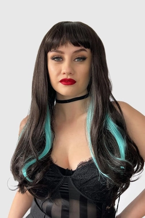 Long dark brown wig with blue streaks and a straight fringe: Cyane