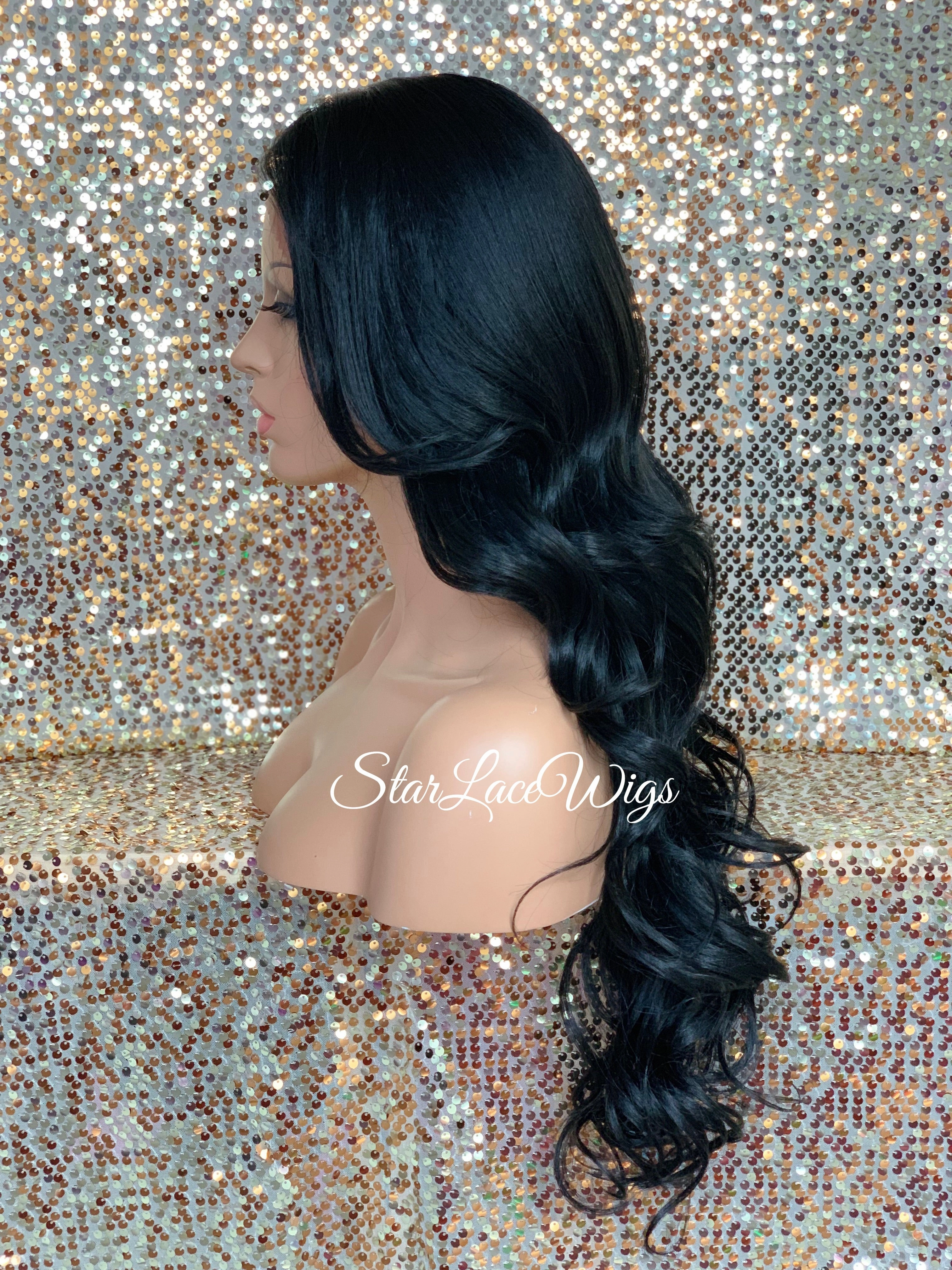 Long Lace Front Wig Lose Curly Layered Synthetic Wig Bangs Black Brown - Tai