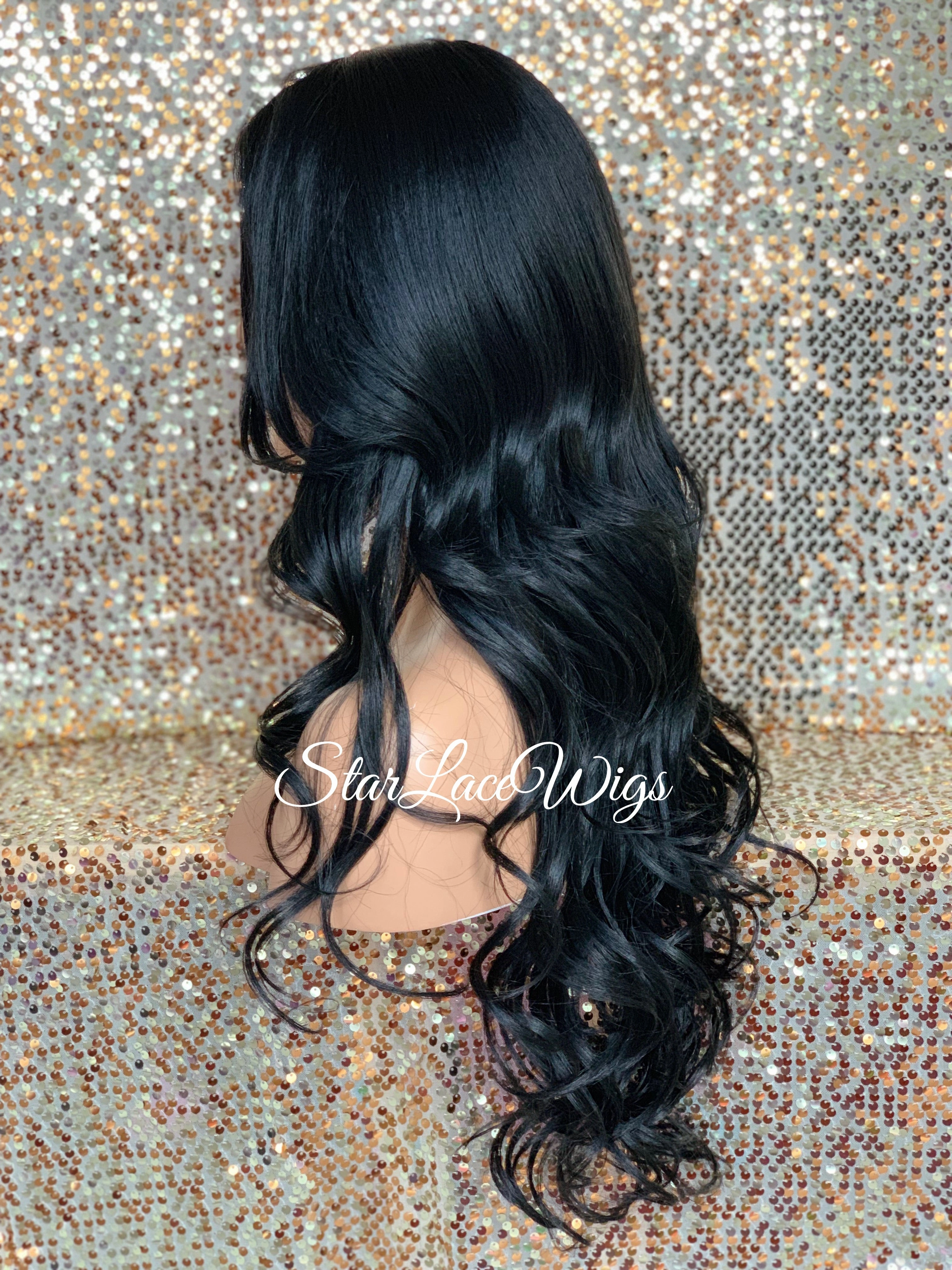 Long Lace Front Wig Lose Curly Layered Synthetic Wig Bangs Black Brown - Tai