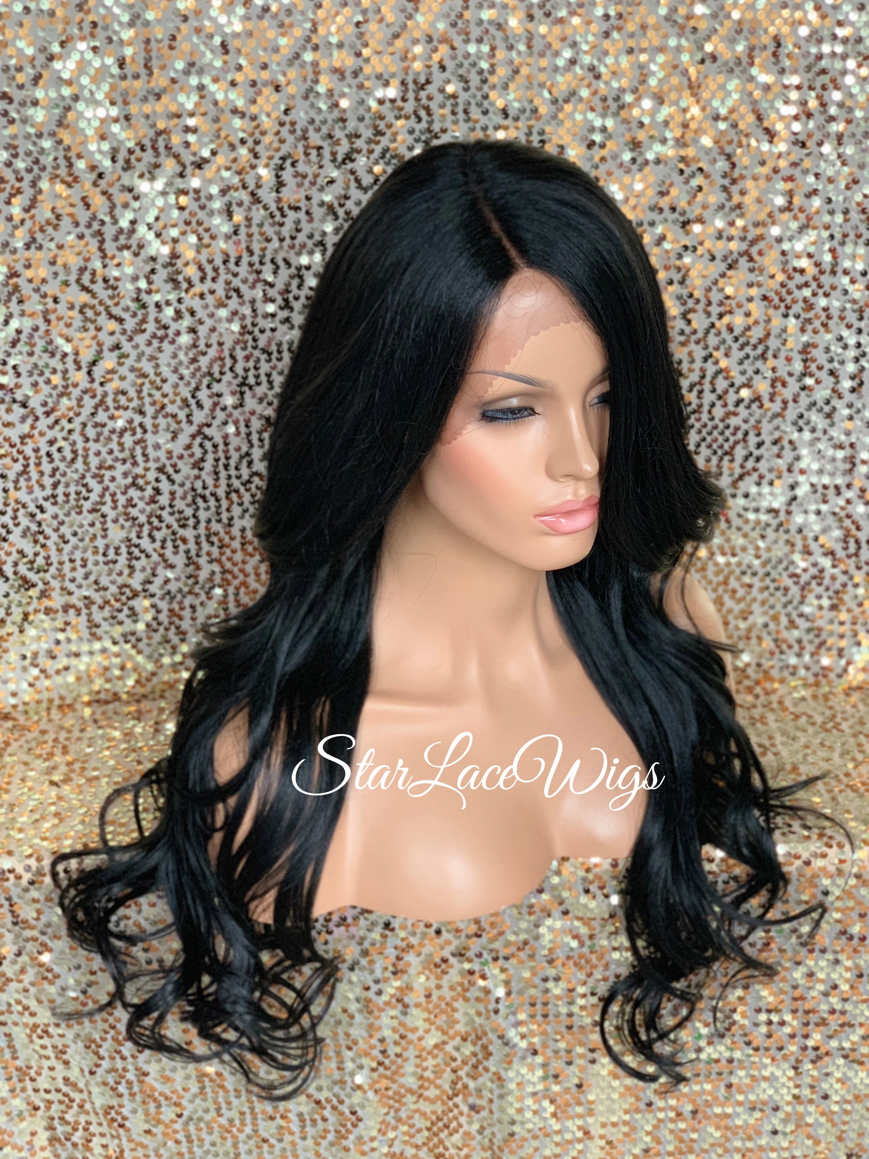 Long Lace Front Wig Lose Curly Layered Synthetic Wig Bangs Black Brown - Tai