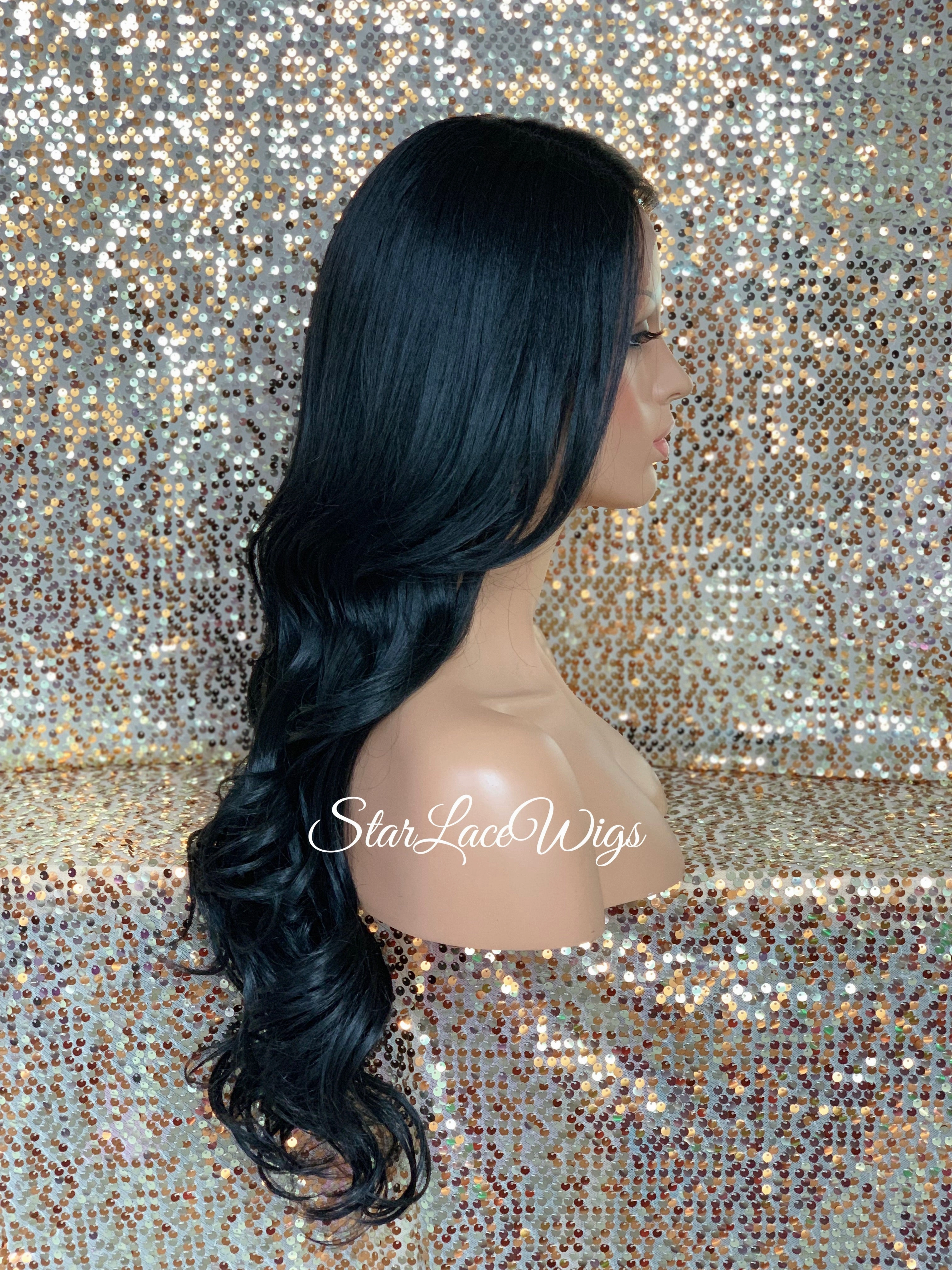 Long Lace Front Wig Lose Curly Layered Synthetic Wig Bangs Black Brown - Tai