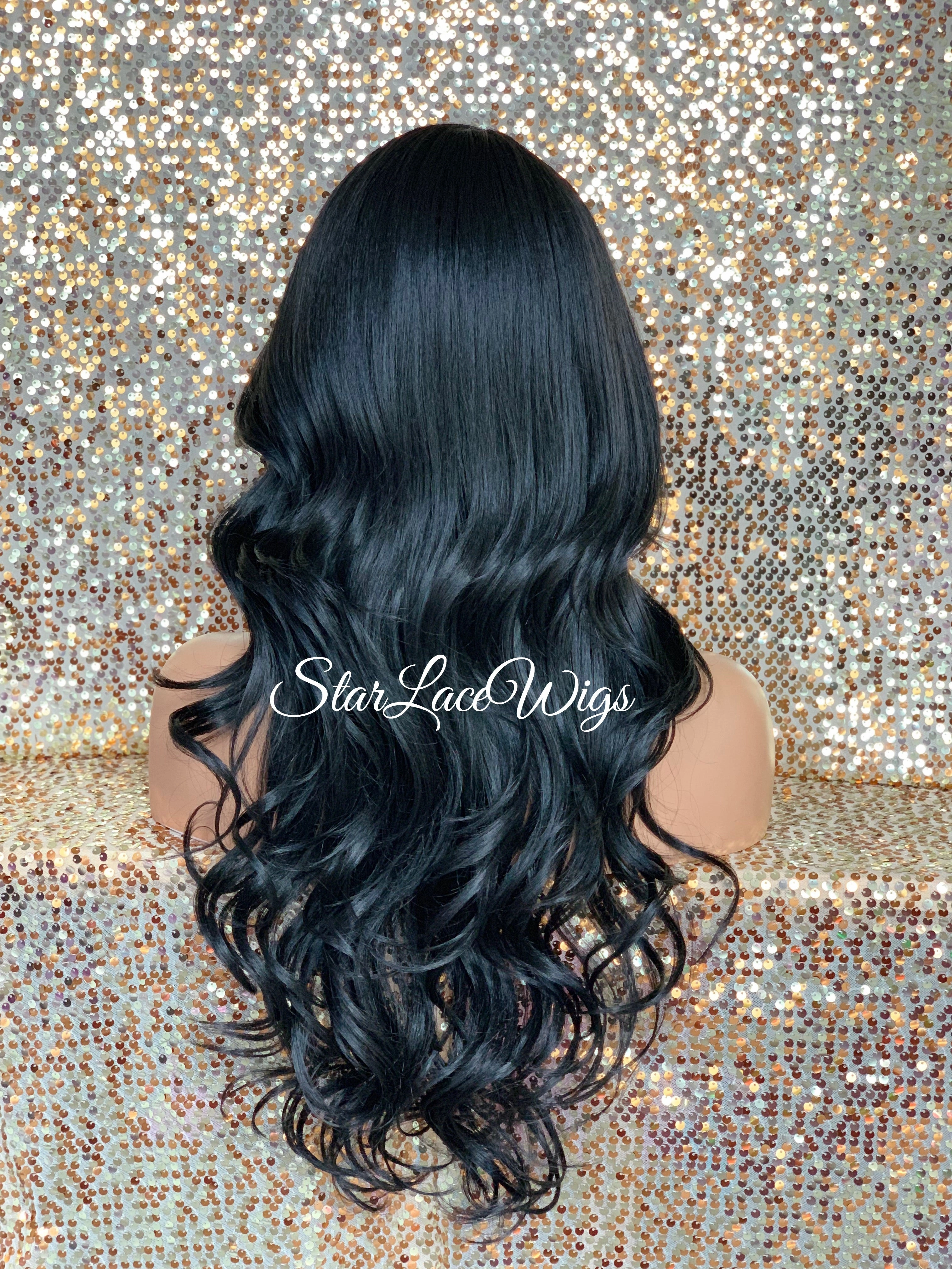 Long Lace Front Wig Lose Curly Layered Synthetic Wig Bangs Black Brown - Tai