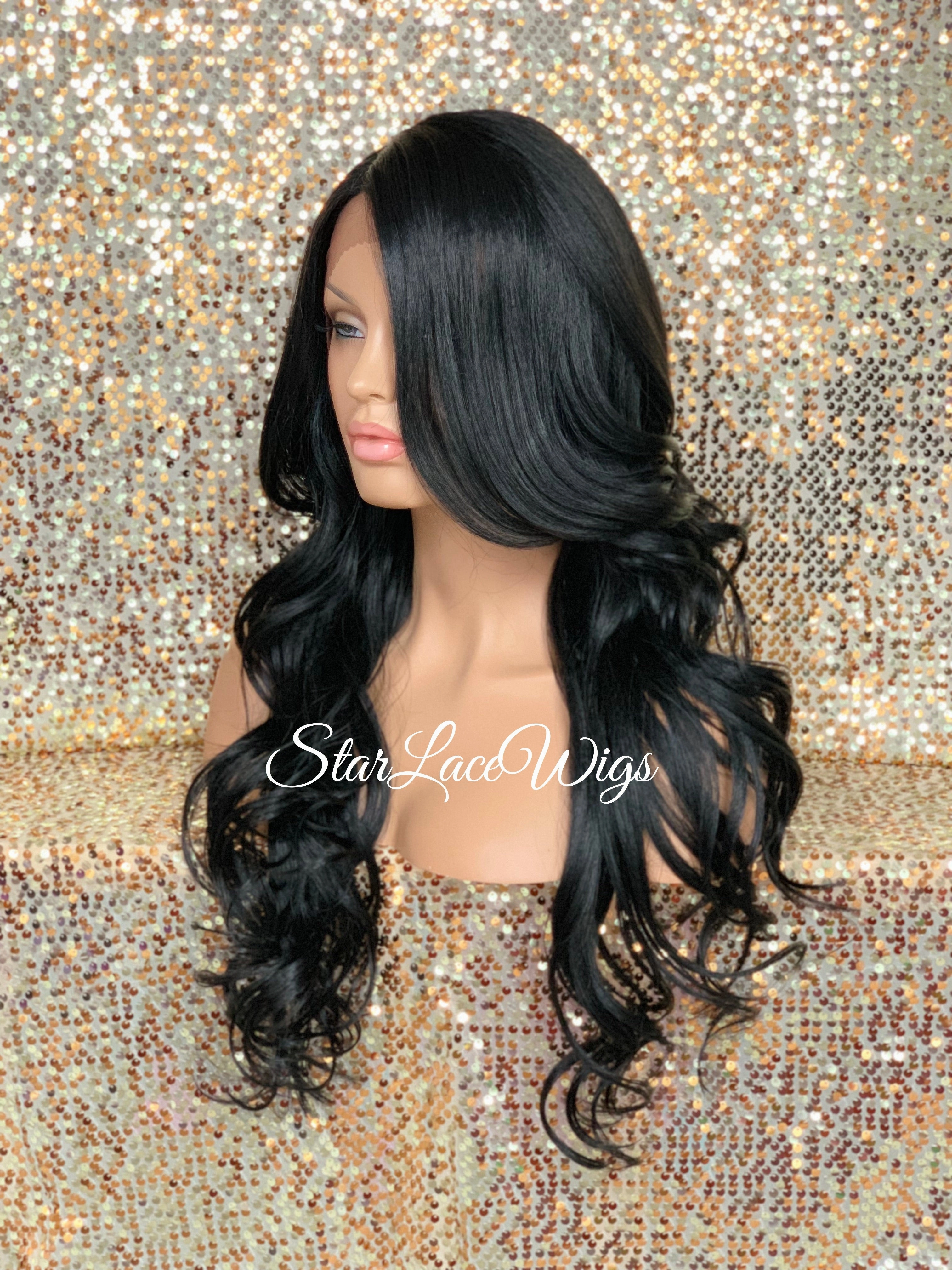 Long Lace Front Wig Lose Curly Layered Synthetic Wig Bangs Black Brown - Tai