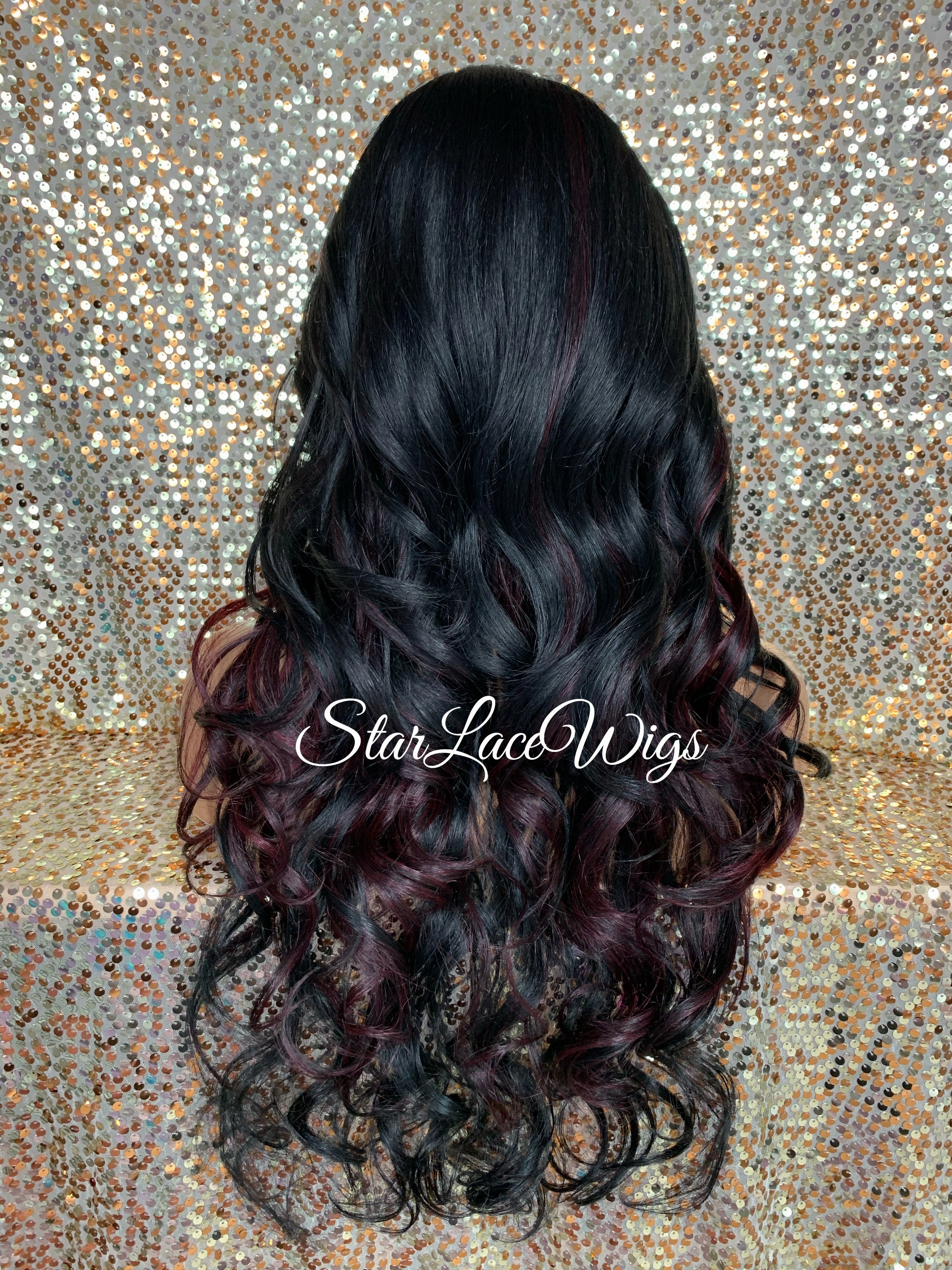 Long Loose Curls Lace Front Wig (6x13) Parting Space Black Burgundy - Dior