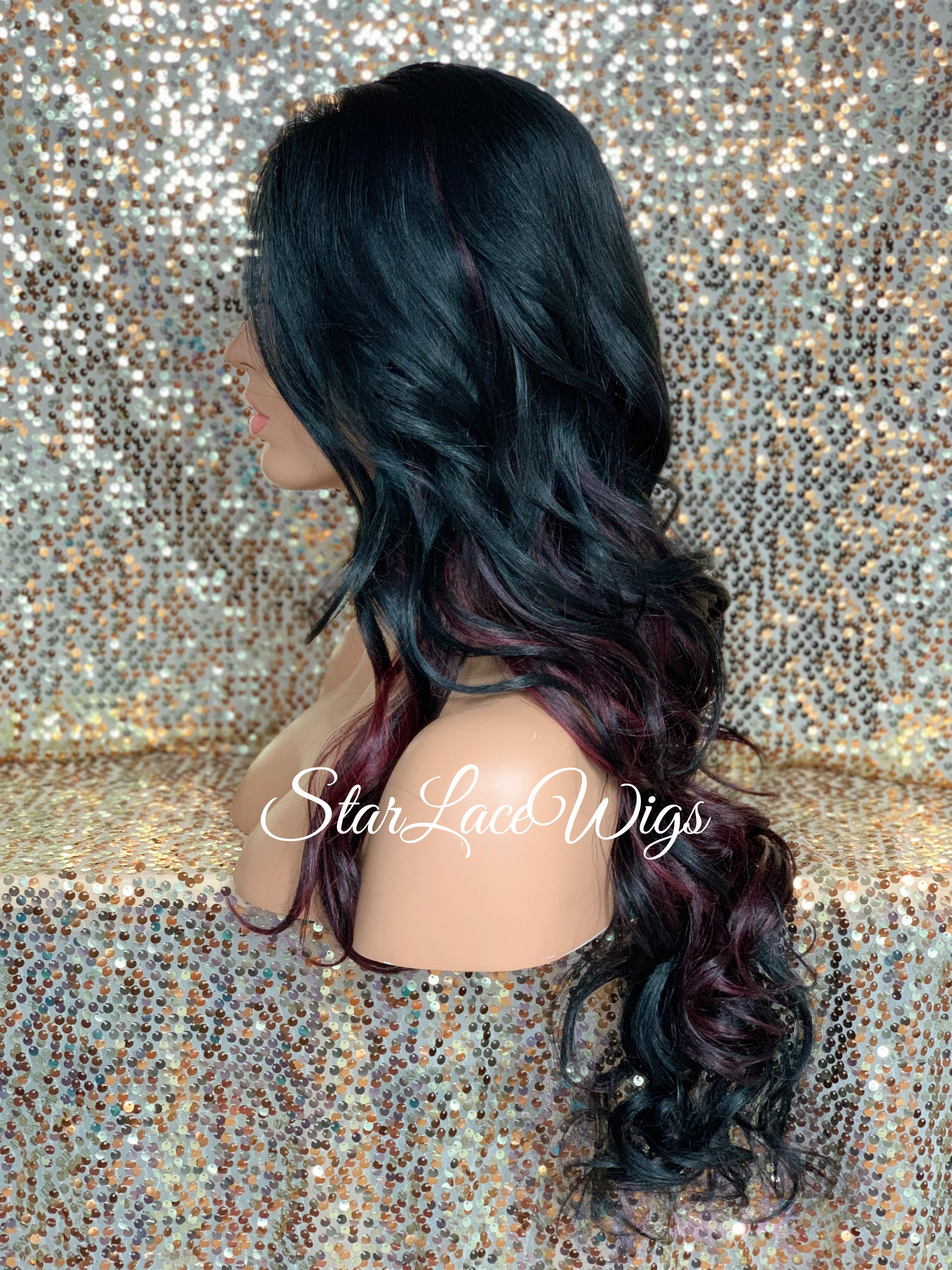 Long Loose Curls Lace Front Wig (6x13) Parting Space Black Burgundy - Dior