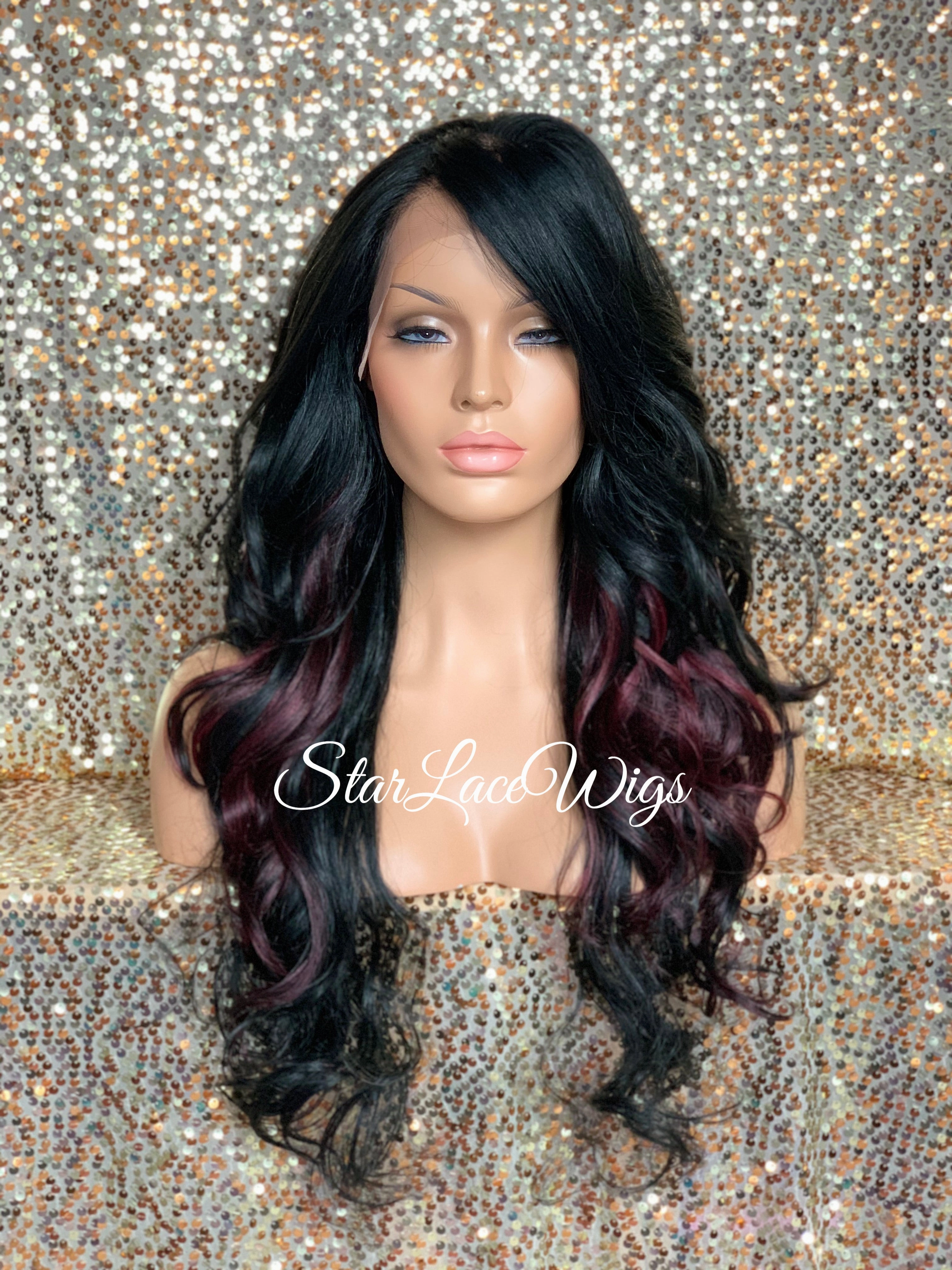 Long Loose Curls Lace Front Wig (6x13) Parting Space Black Burgundy - Dior