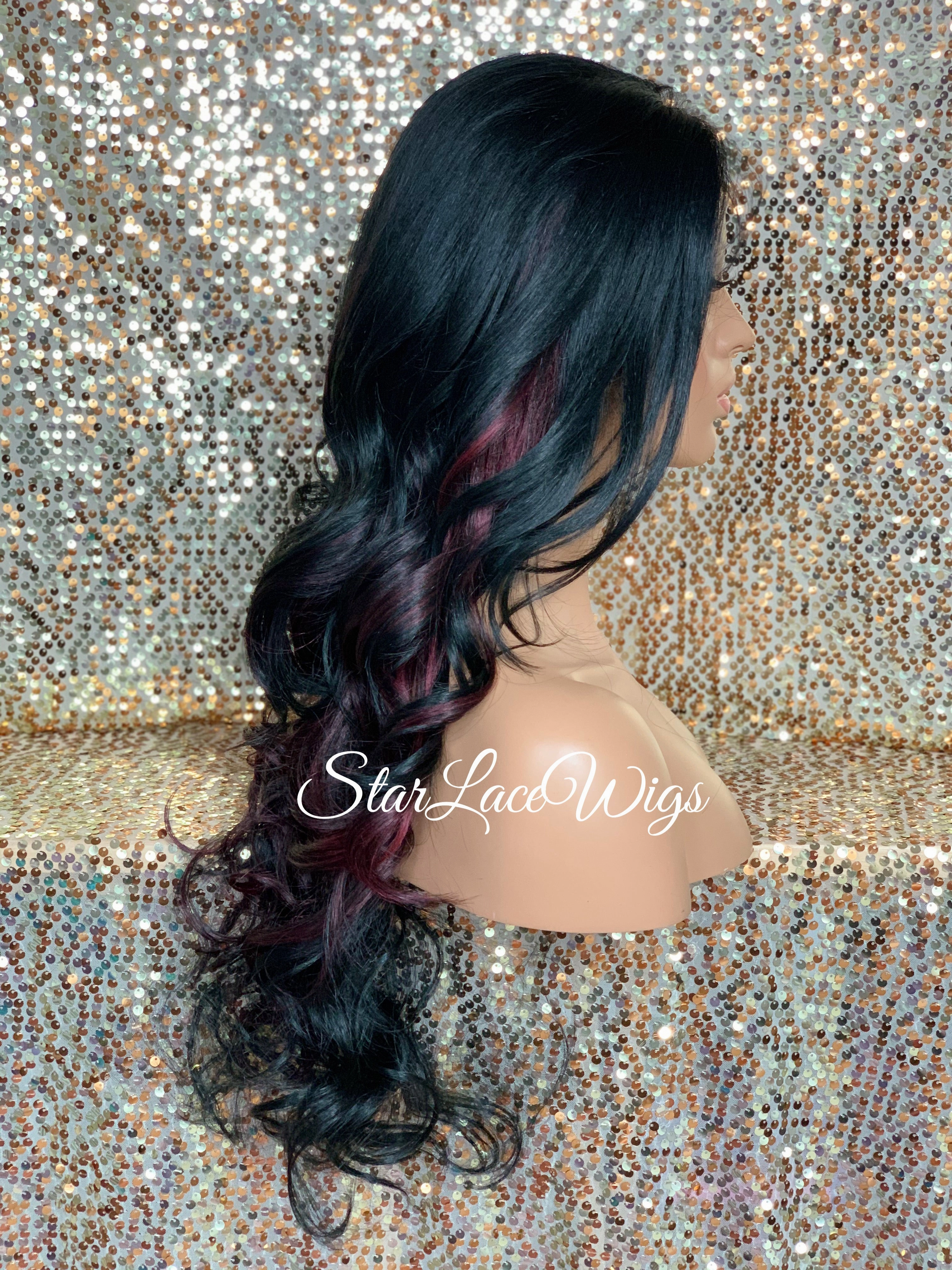 Long Loose Curls Lace Front Wig (6x13) Parting Space Black Burgundy - Dior
