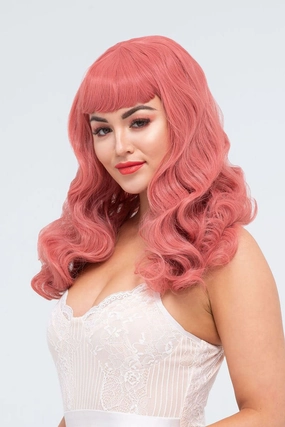Long pastel-pink pinup style wig with gentle waves and short fringe: Candy