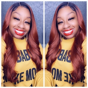 Long Red Copper Synthetic Lace Front Wig Dark Root Loose Curls - Rory