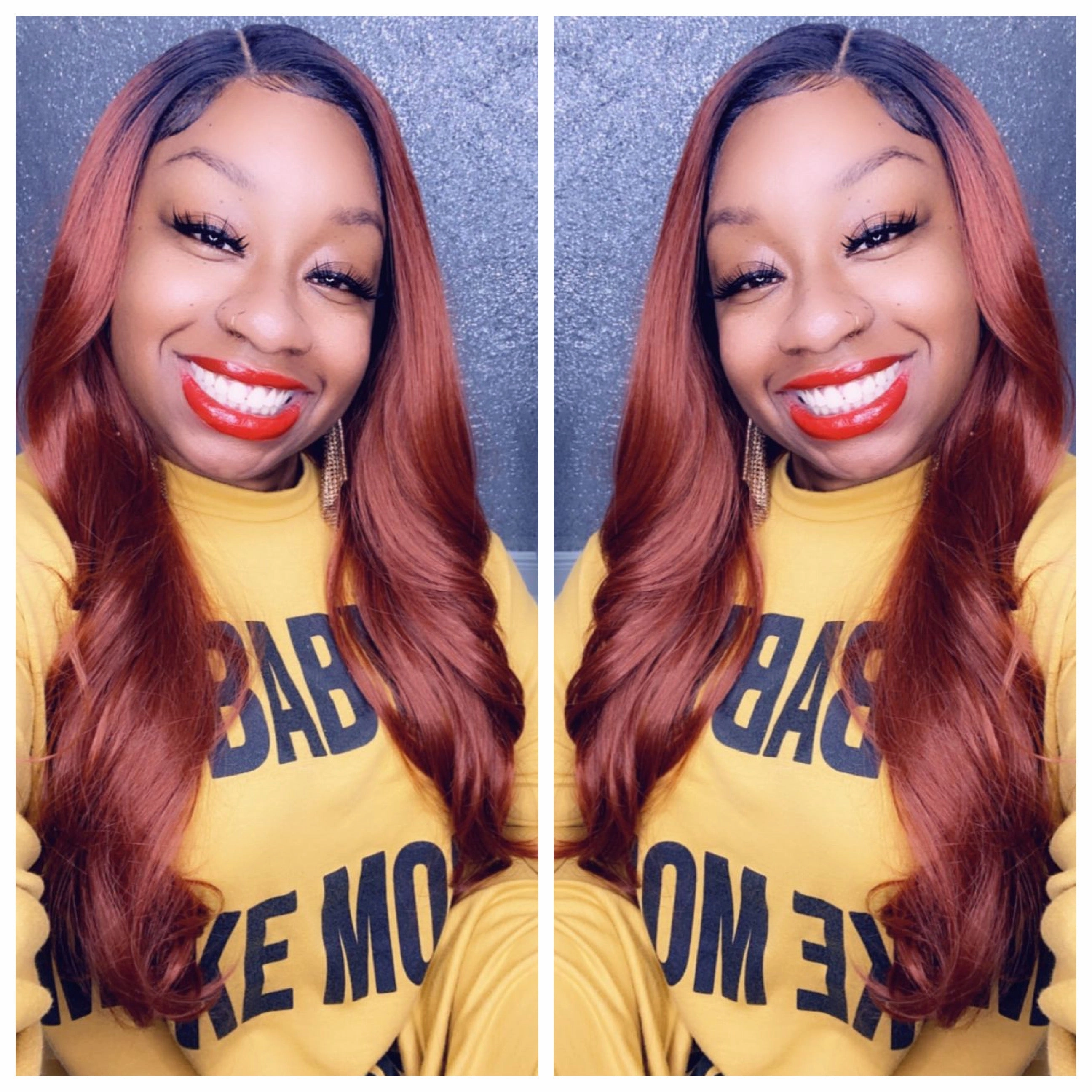 Long Red Copper Synthetic Lace Front Wig Dark Root Loose Curls - Rory