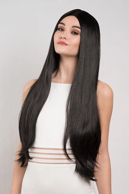 Long straight black wig with no fringe: Madeline