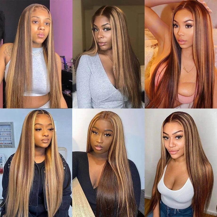 Long Straight Hair Honey Blonde Highlights T Part  Lace Front Wig Pre Plucked With Baby Hair 100% Virgin Humam Hair Wig-Geeta Hair