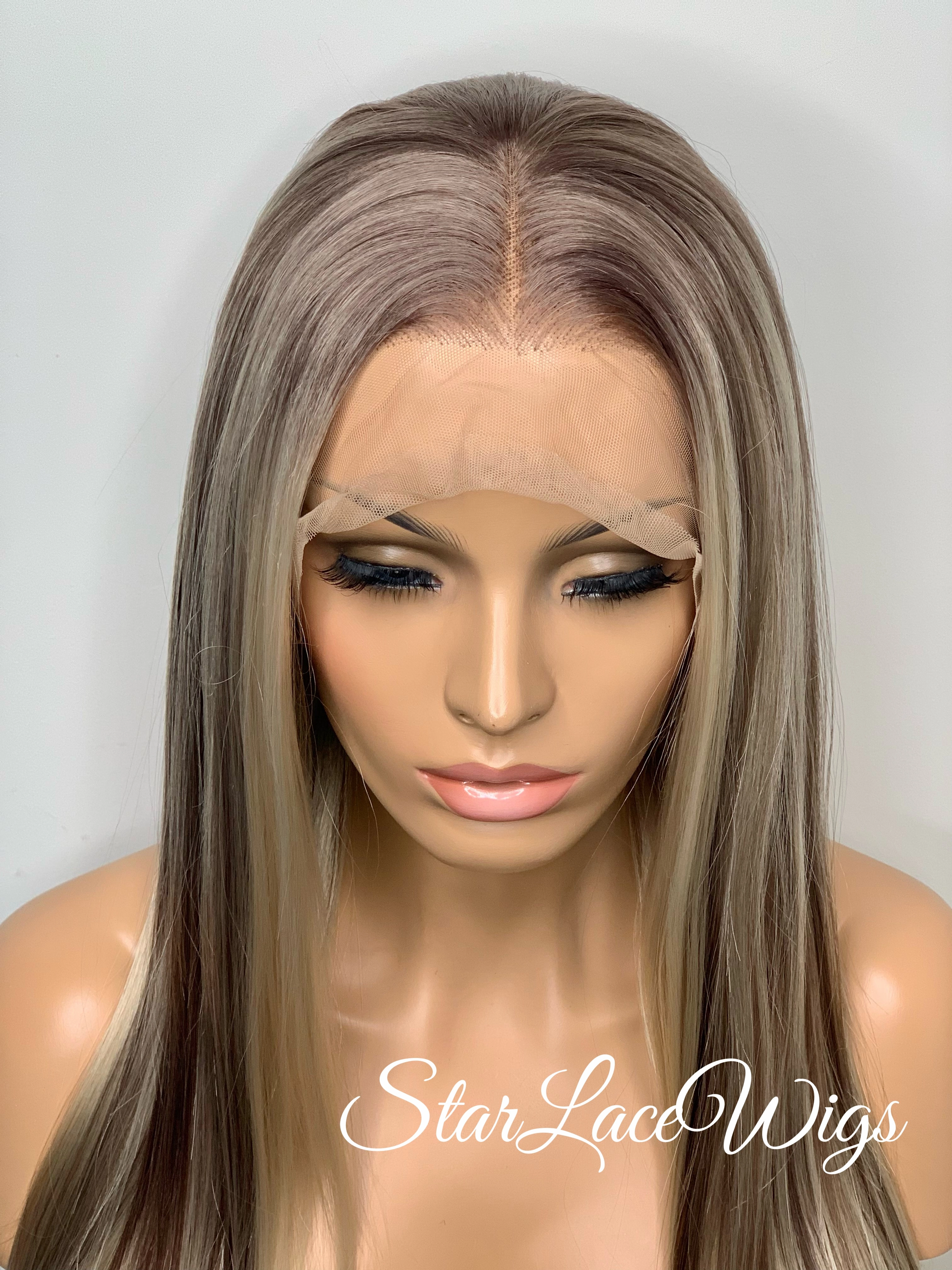 Long Straight Lace Front Wig (13x4) Ash Platinum Blonde Balayage - Paige