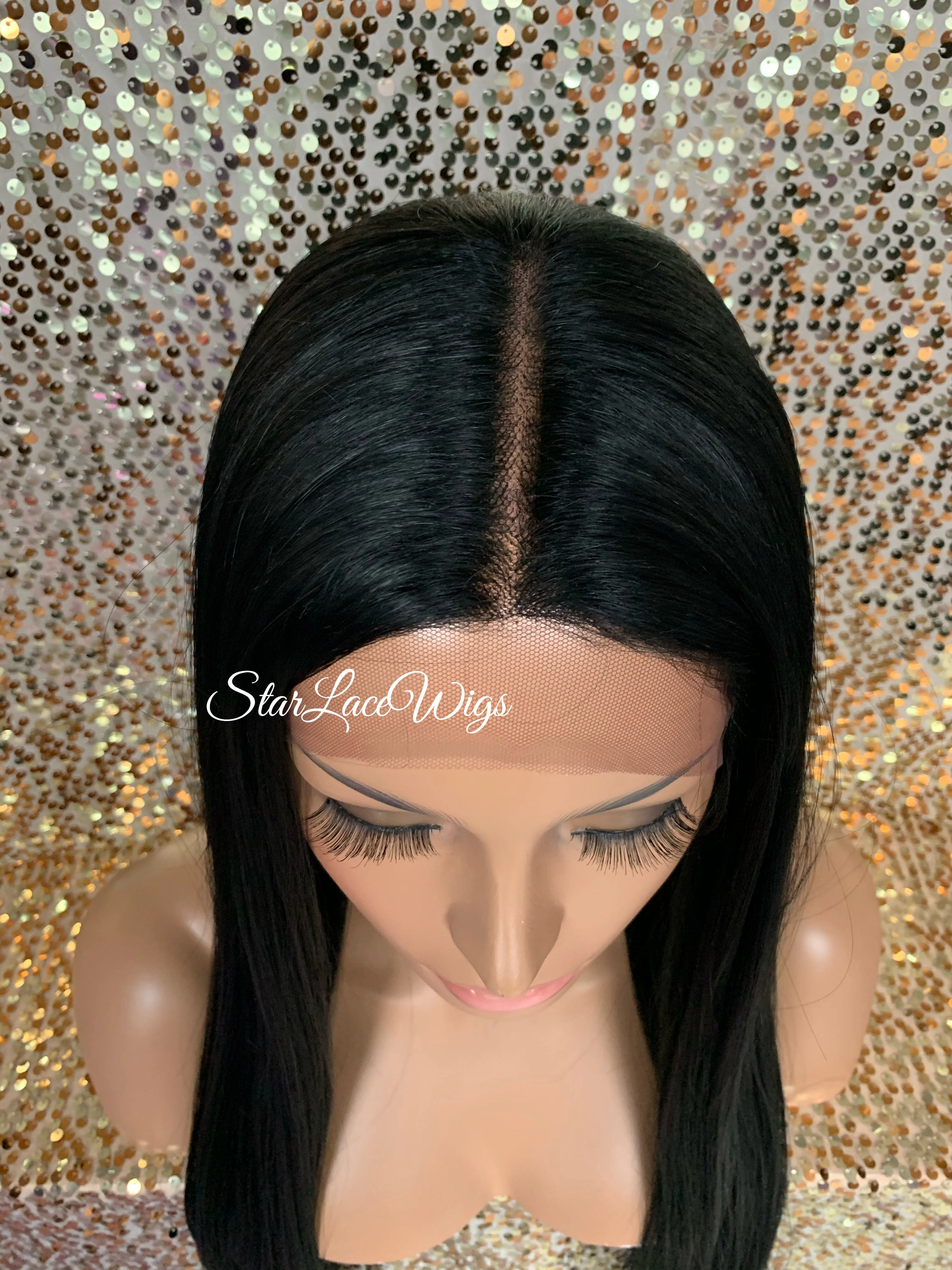 Long Straight Lace Front Wig Black Brown Middle Part Baby Hair Synthetic - Karmen