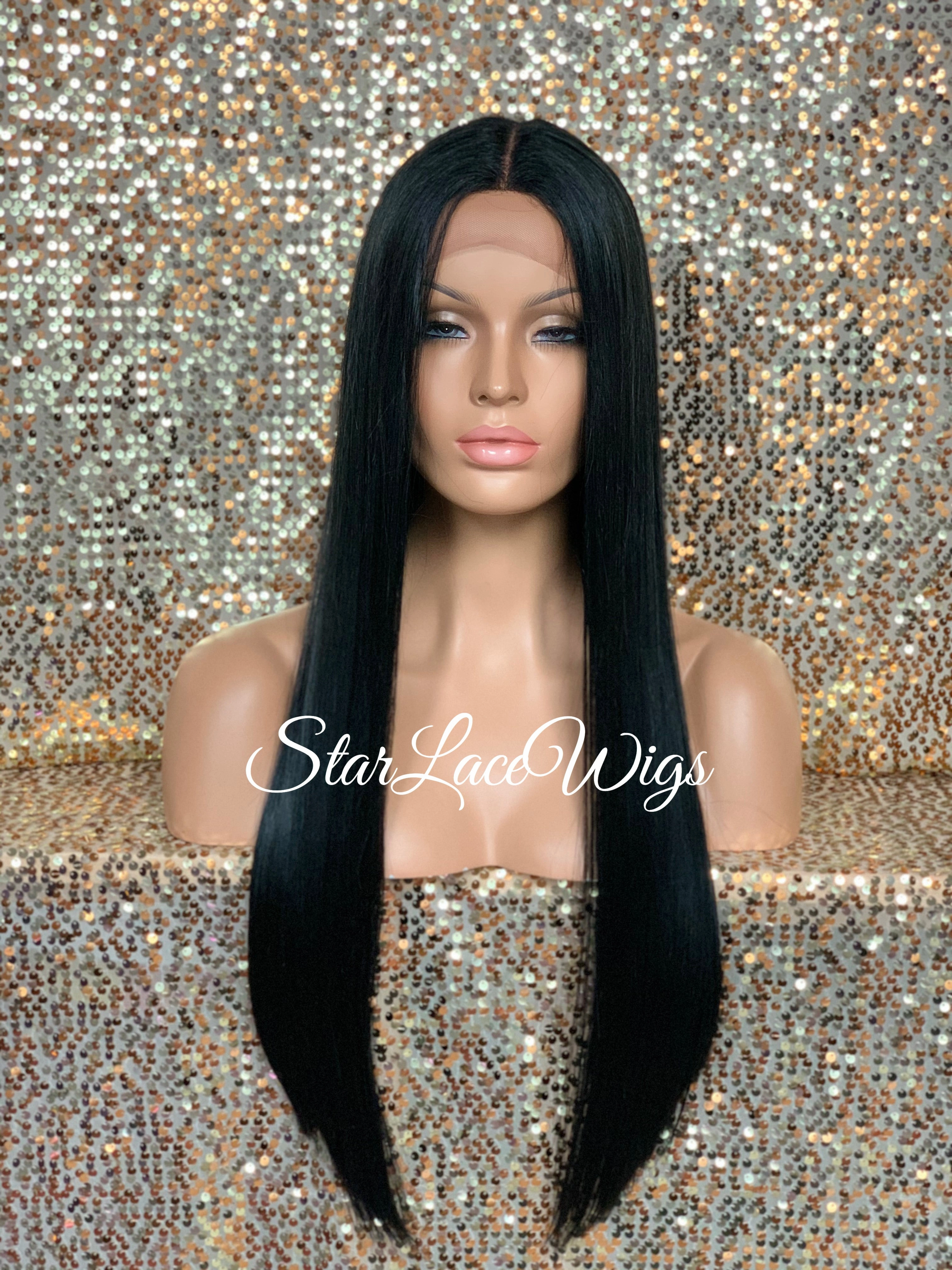 Long Straight Lace Front Wig Black Brown Middle Part Baby Hair Synthetic - Karmen