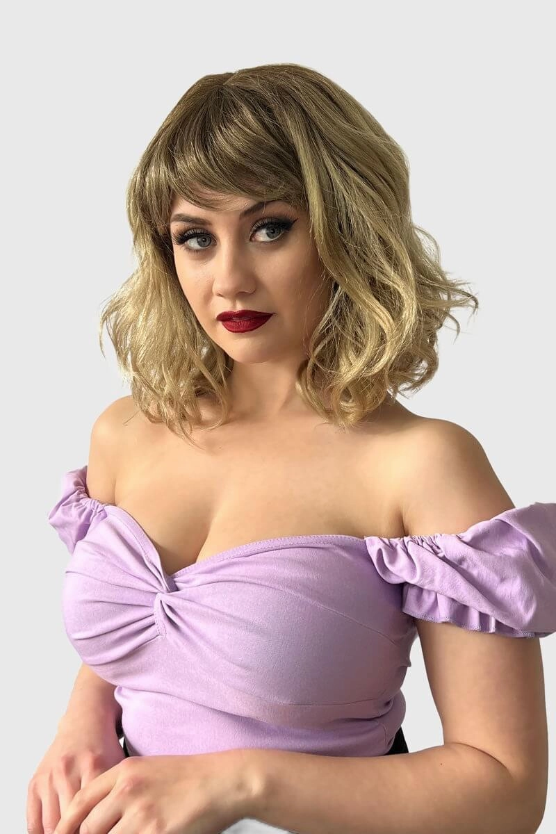 Long wavy bob (lob) wig, ombre - light brown blending to ash blonde: Bianca