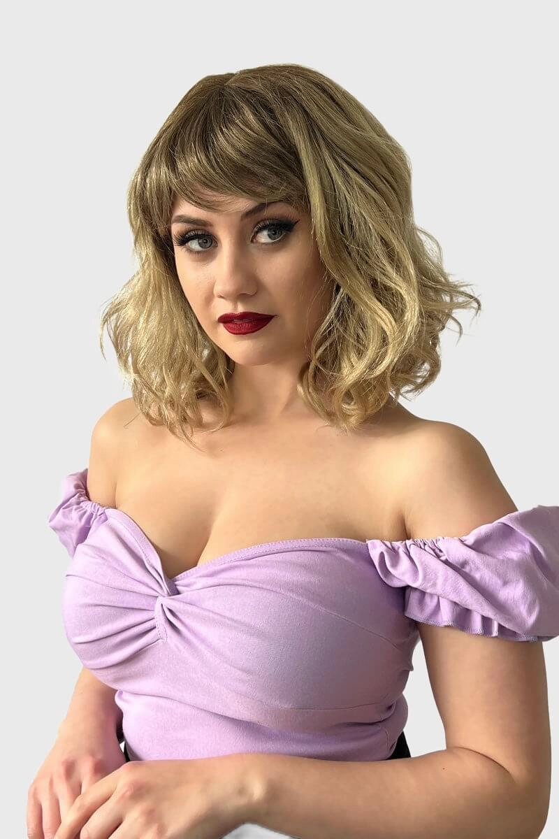 Long wavy bob (lob) wig, ombre - light brown blending to ash blonde: Bianca