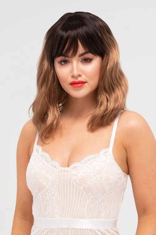 Long wavy bob wig, dark brown blending to light brown: Elodie