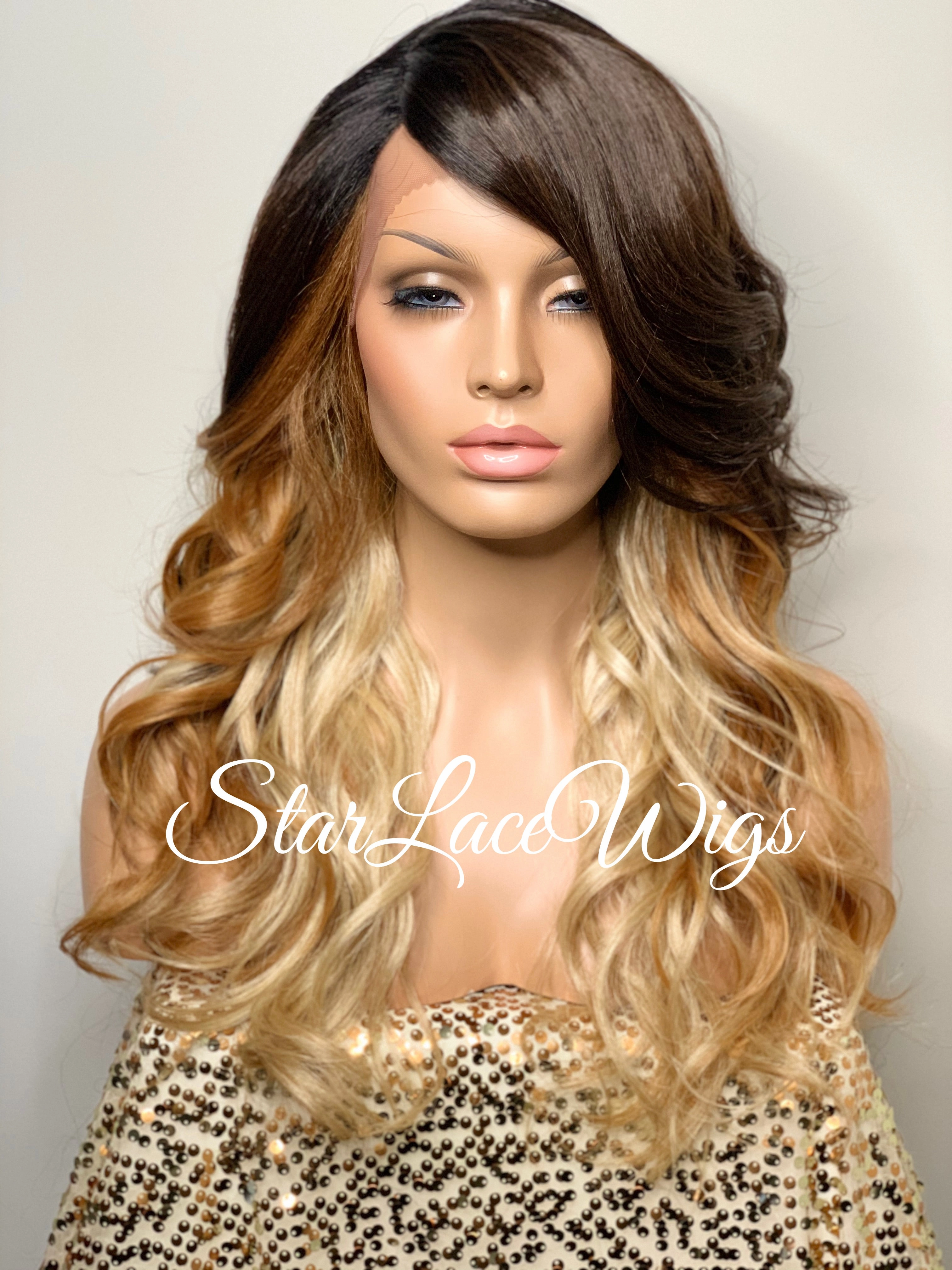 Long Wavy Brown Blonde Ombre Synthetic Lace Front Wig - Destinee