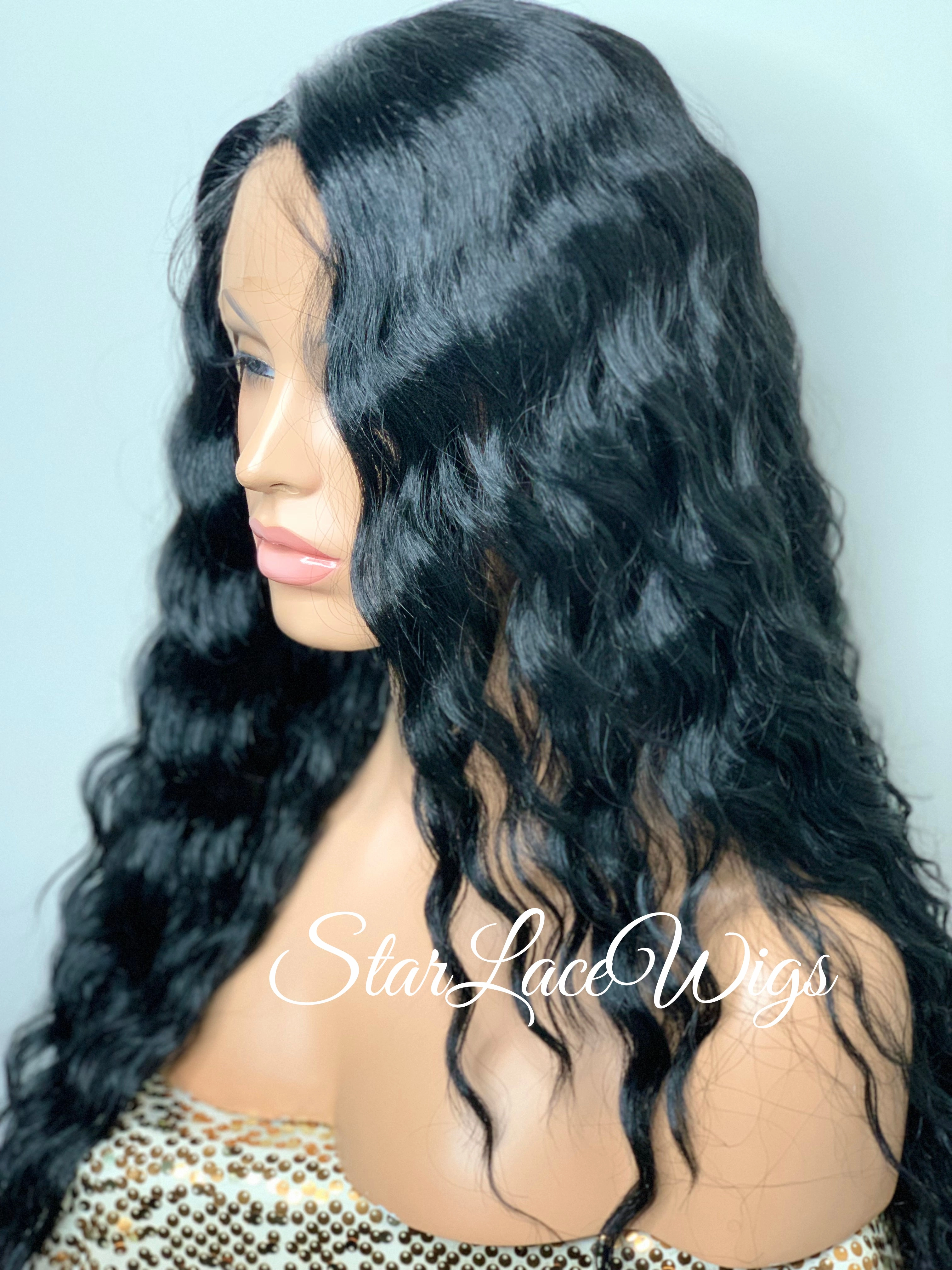 Long Wavy Lace Front Wig Side Part Black - Alexis