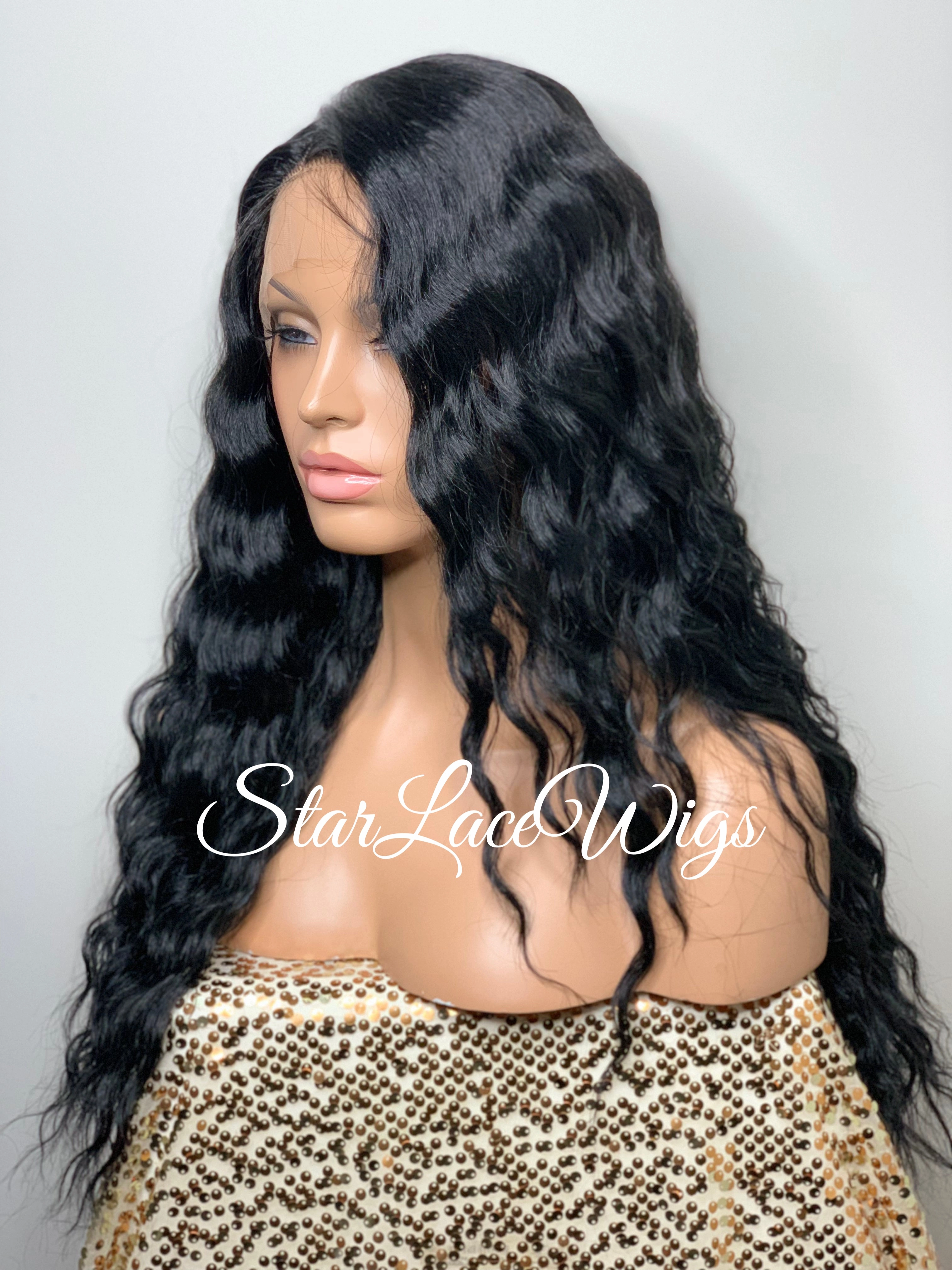 Long Wavy Lace Front Wig Side Part Black - Alexis