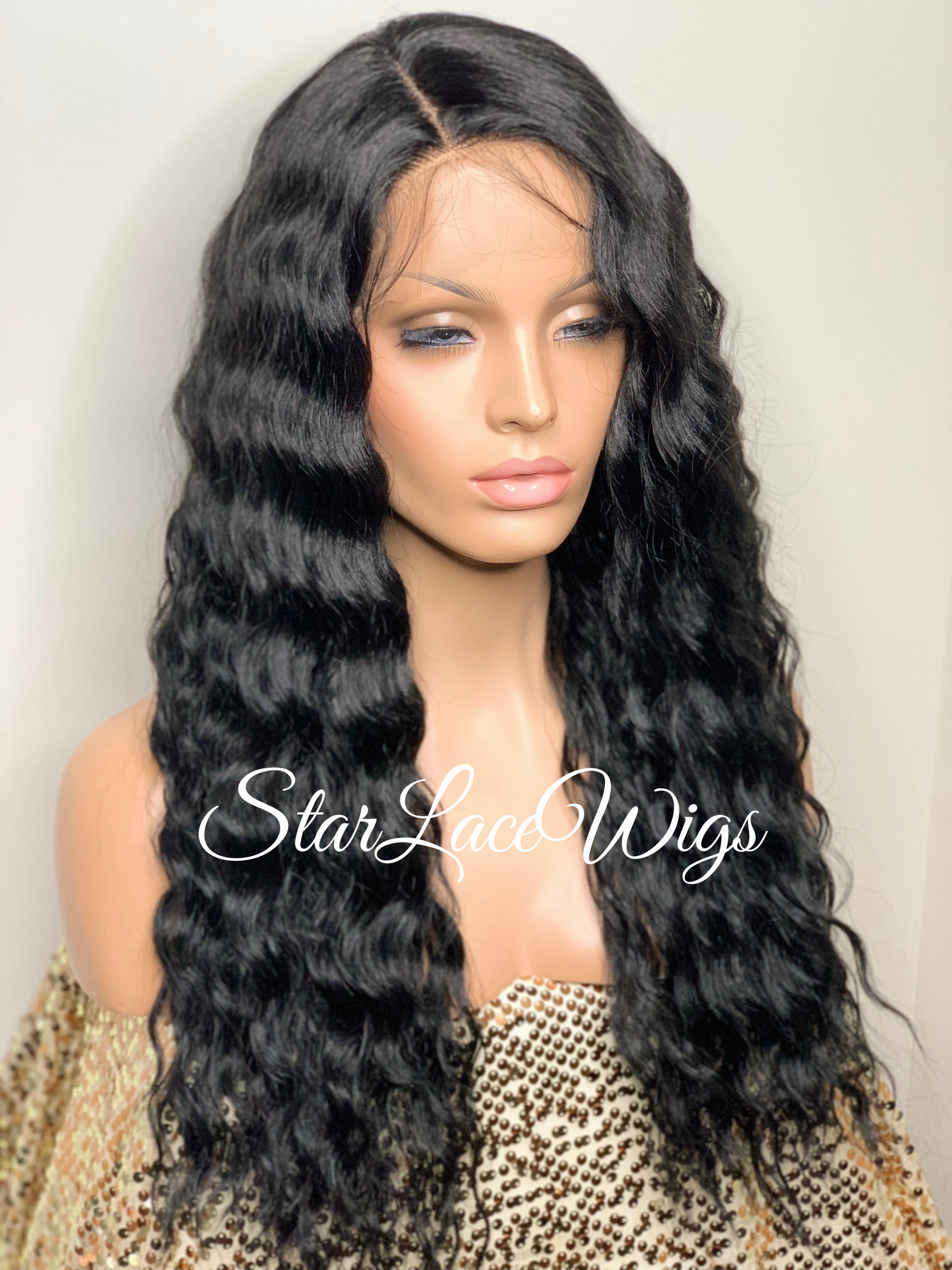 Long Wavy Lace Front Wig Side Part Black - Alexis