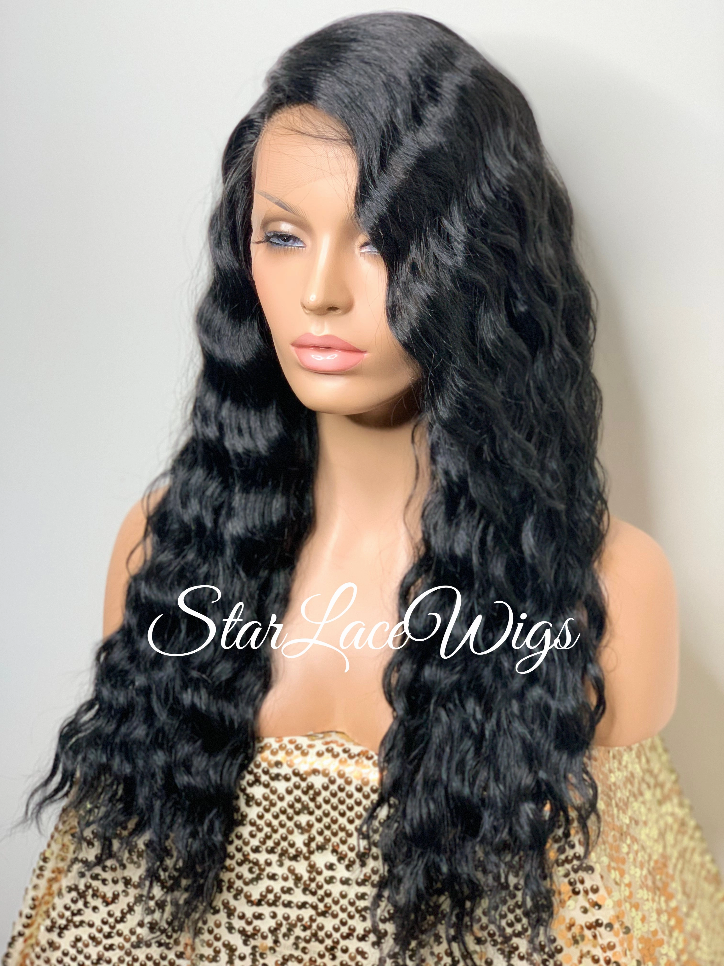 Long Wavy Lace Front Wig Side Part Black - Alexis