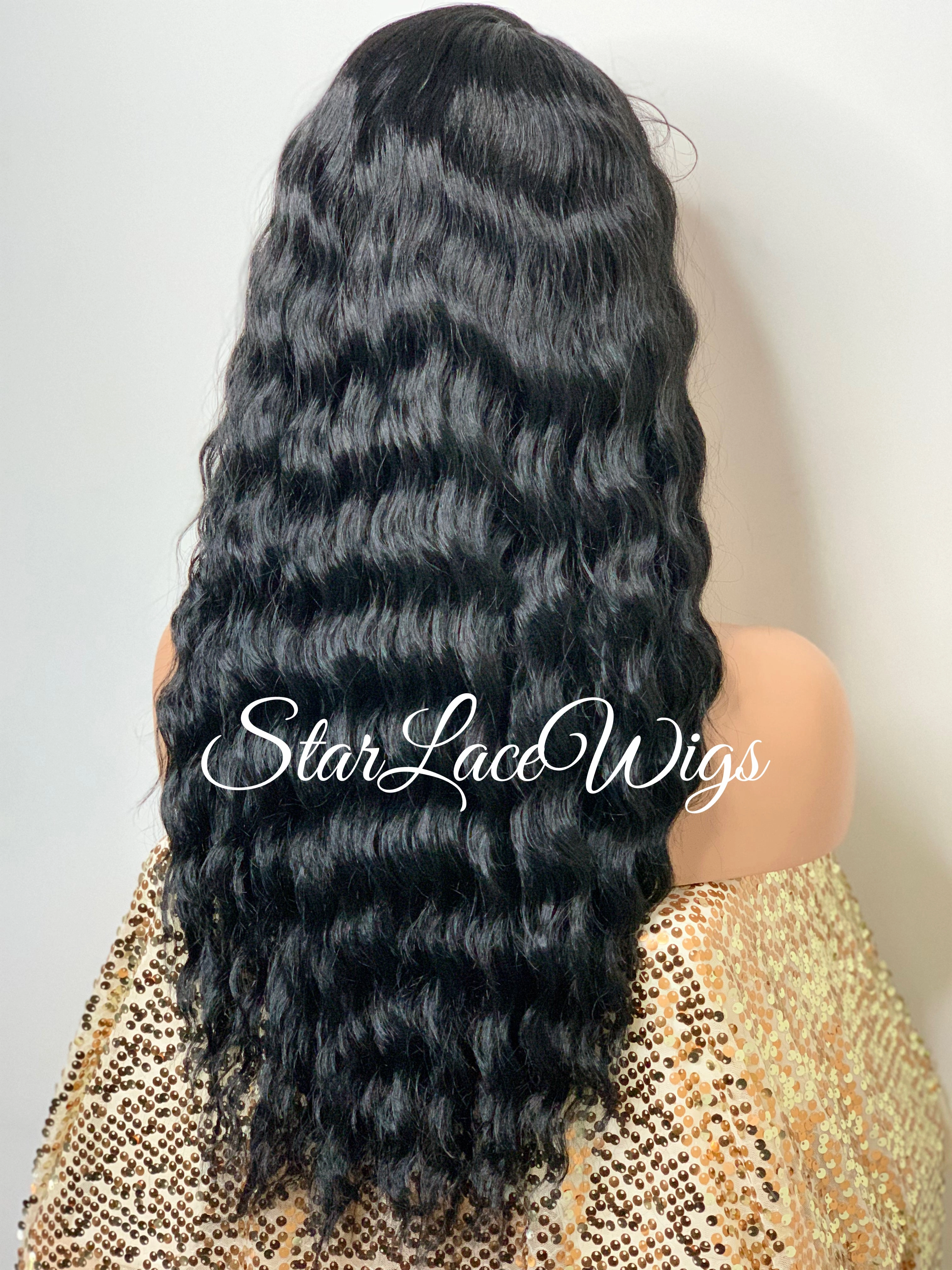 Long Wavy Lace Front Wig Side Part Black - Alexis