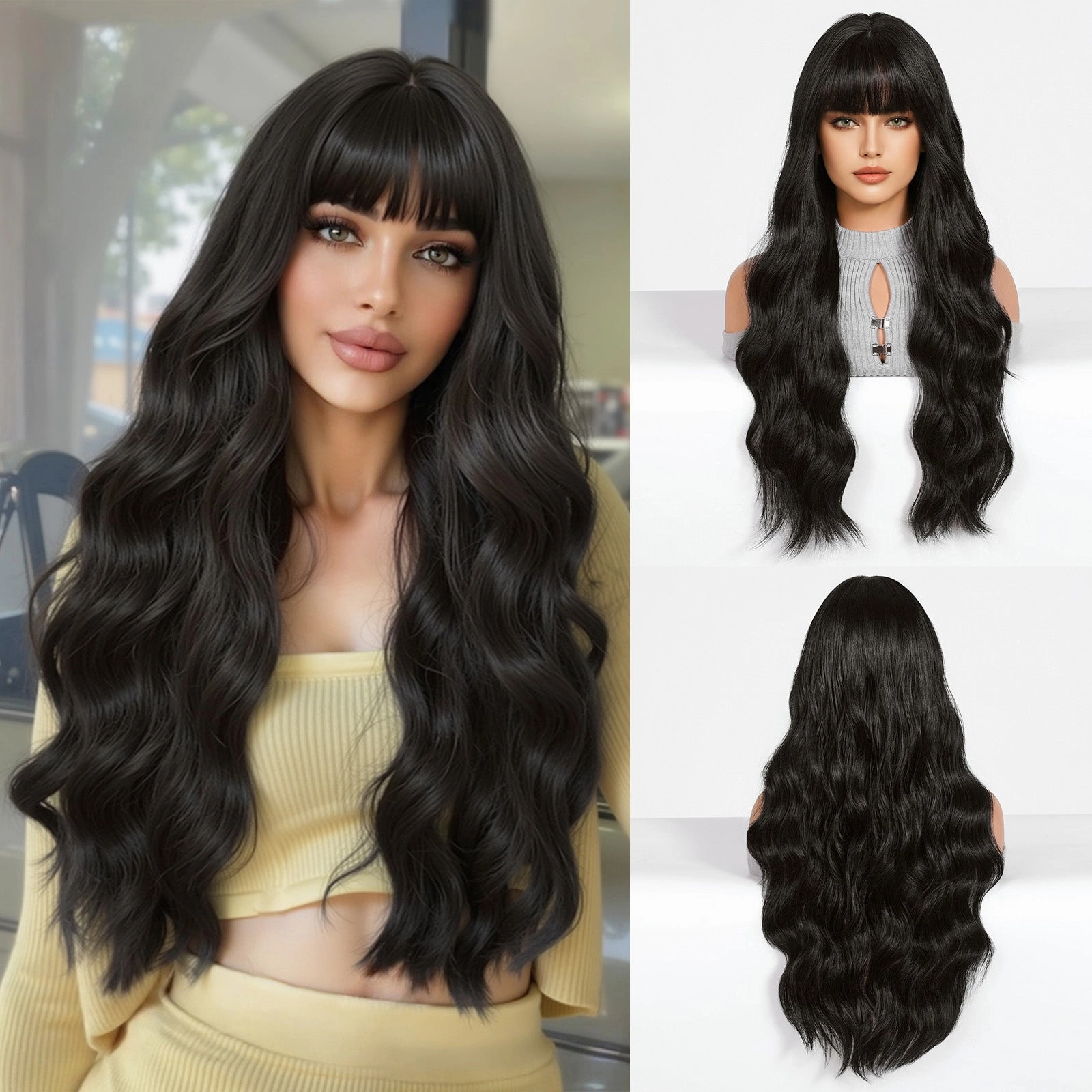 Long Wavy Natural  Black with bangs  Wig - MARKETPLACE