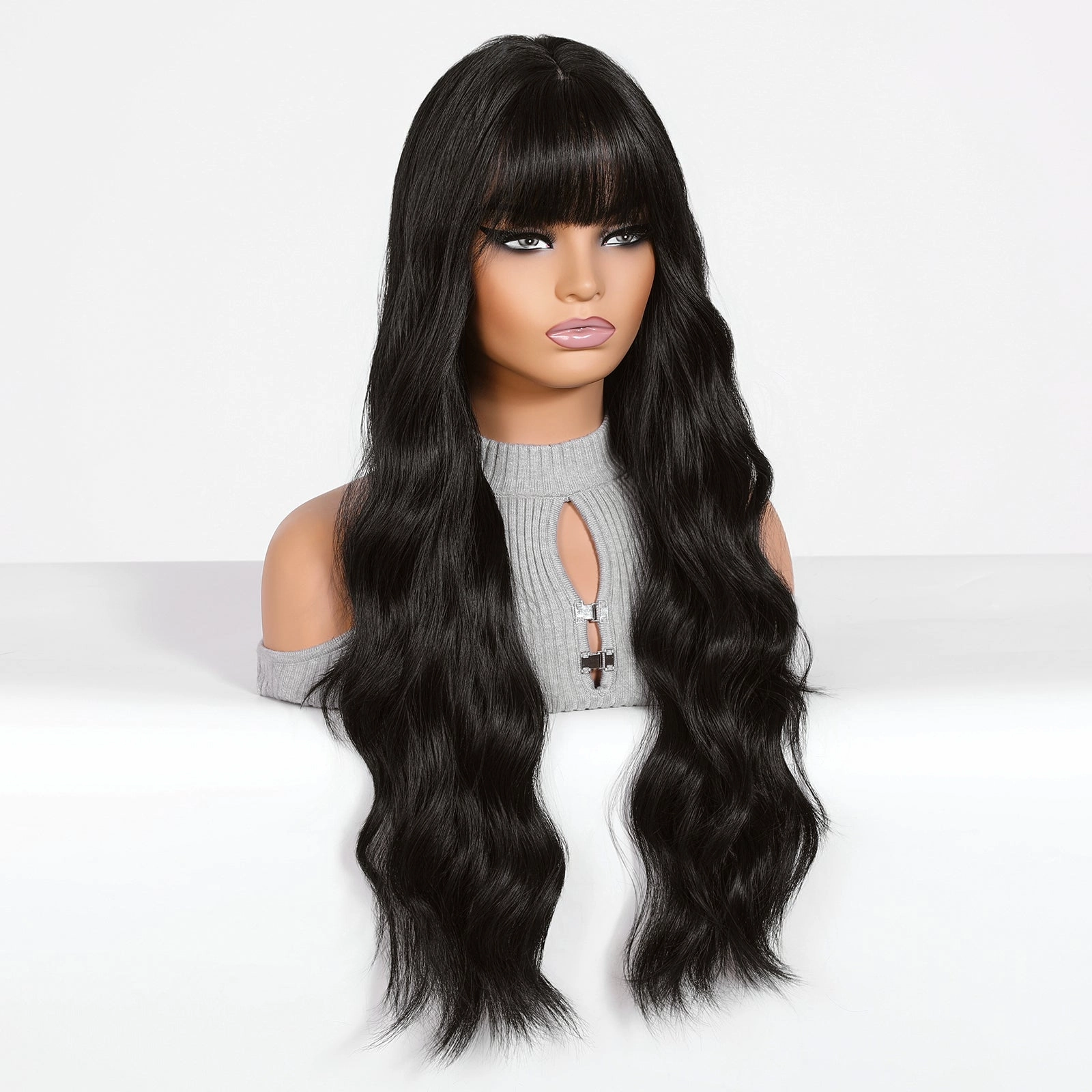 Long Wavy Natural  Black with bangs  Wig - MARKETPLACE
